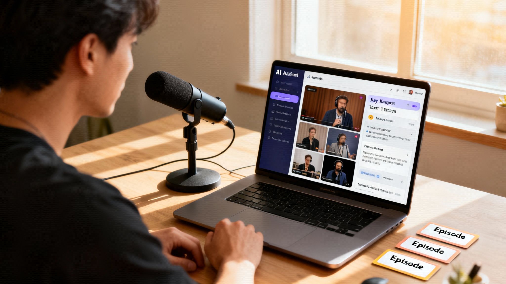 Young man recording a podcast with a microphone and laptop displaying an AI assistant video call.