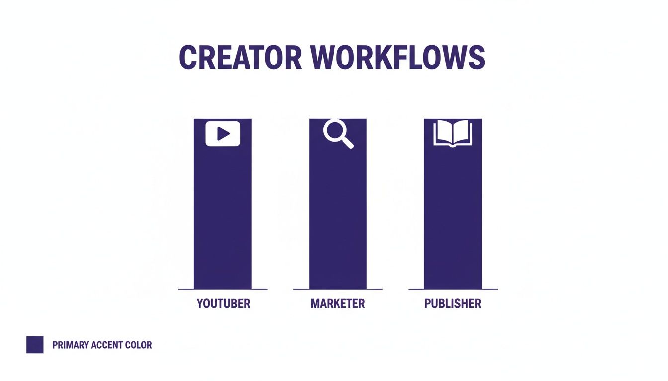 A graphic illustrating creator workflows for Youtubers, Marketers, and Publishers with icons.
