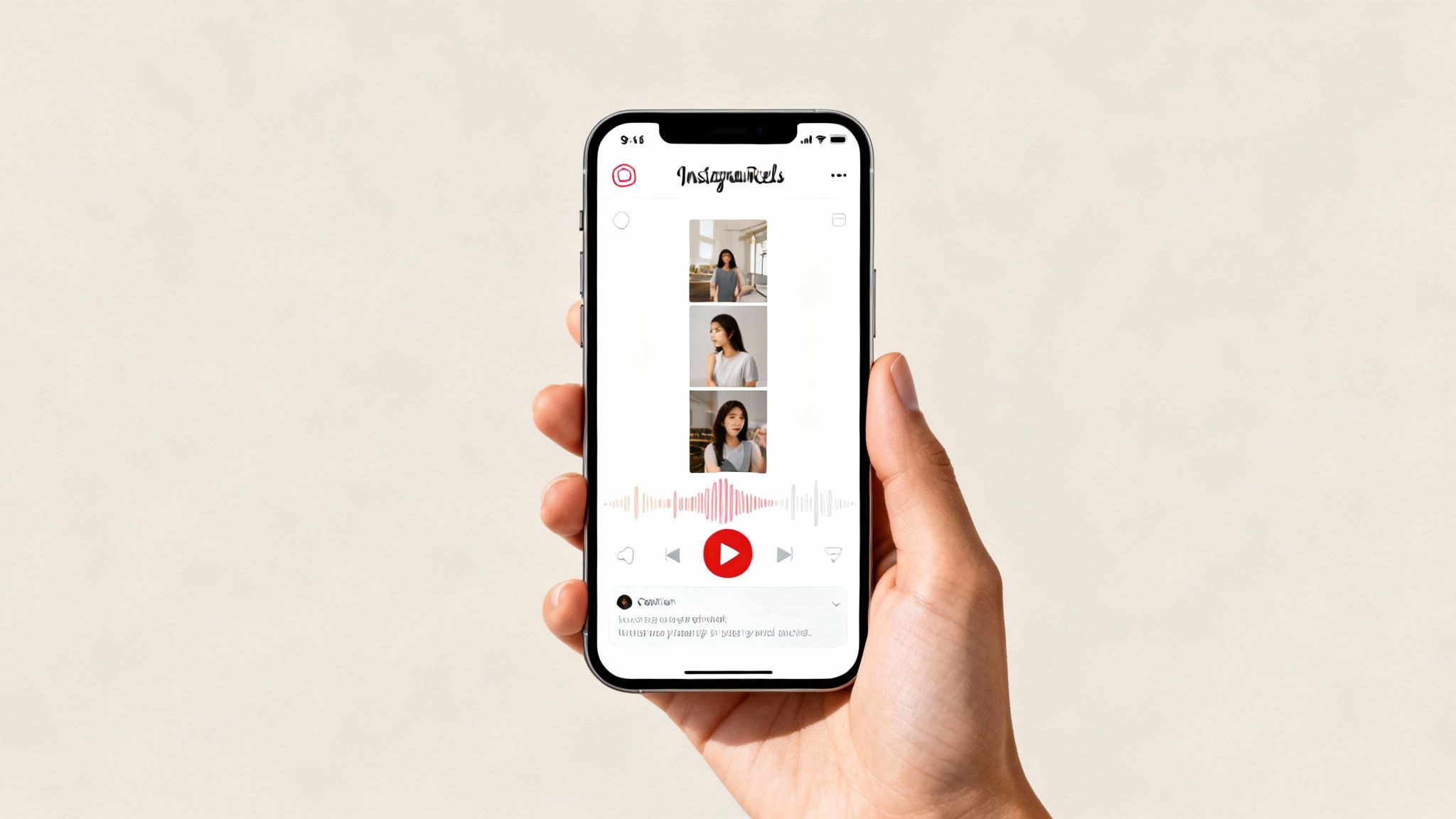 A hand holds a smartphone displaying Instagram Reels, featuring video previews, an audio waveform, and playback controls.