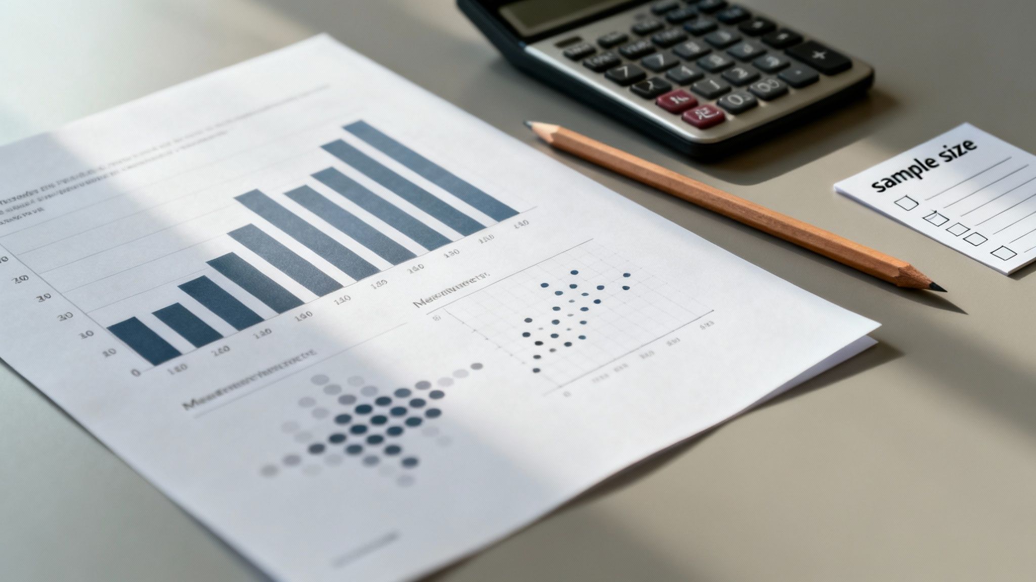 Research paper with data charts, a calculator, pencil, and 'sample size' note on a desk.