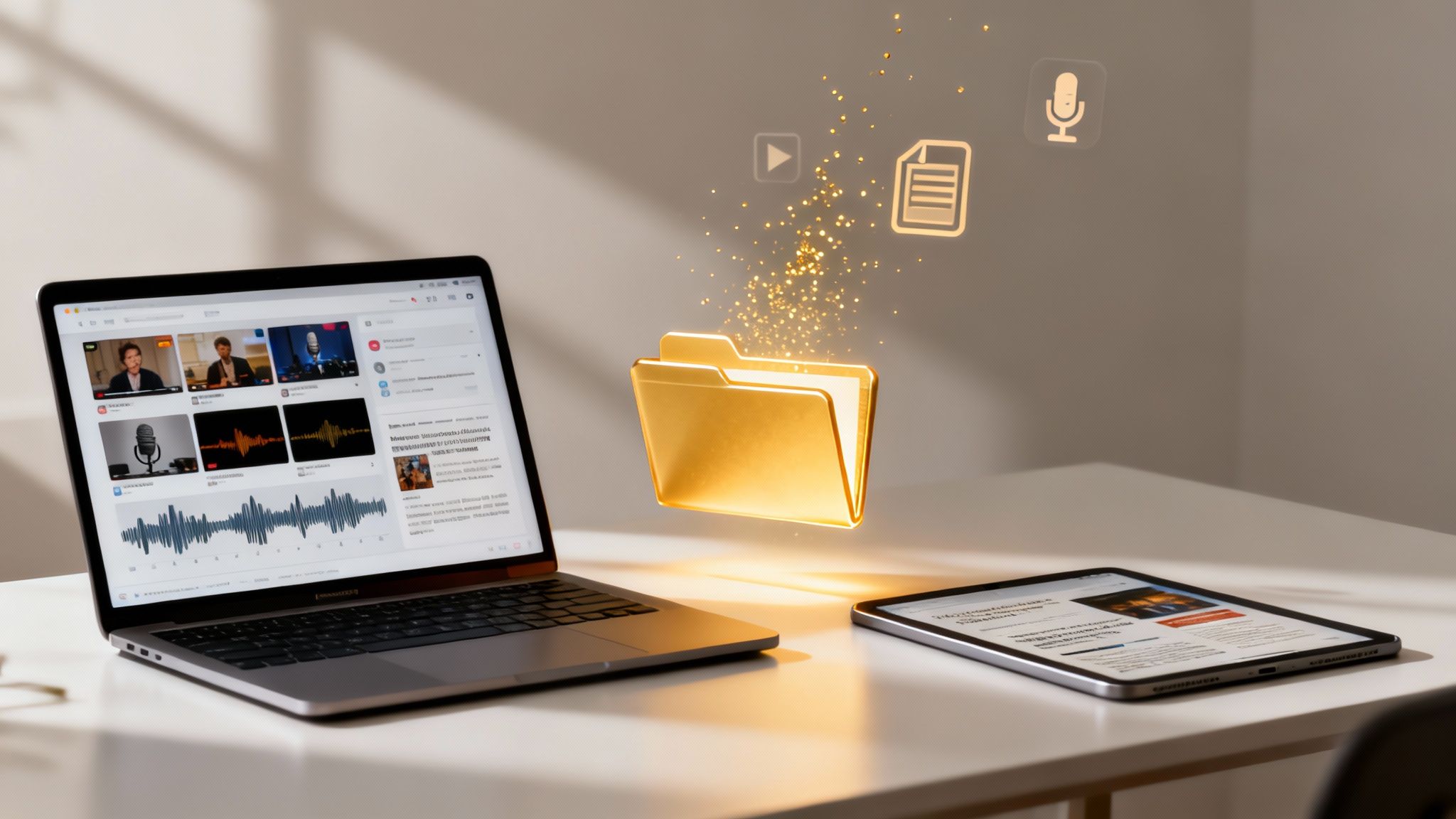 A laptop and tablet on a desk, with a glowing golden folder receiving digital files, audio, and video content.