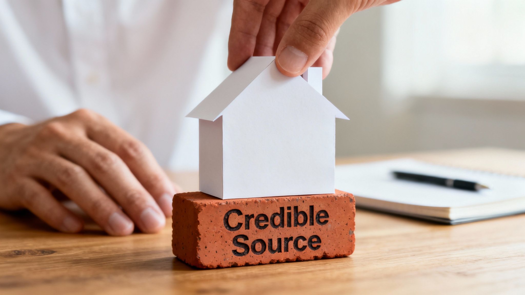 A hand places a white paper house on a red brick labeled 'Credible Source', representing reliable foundations.