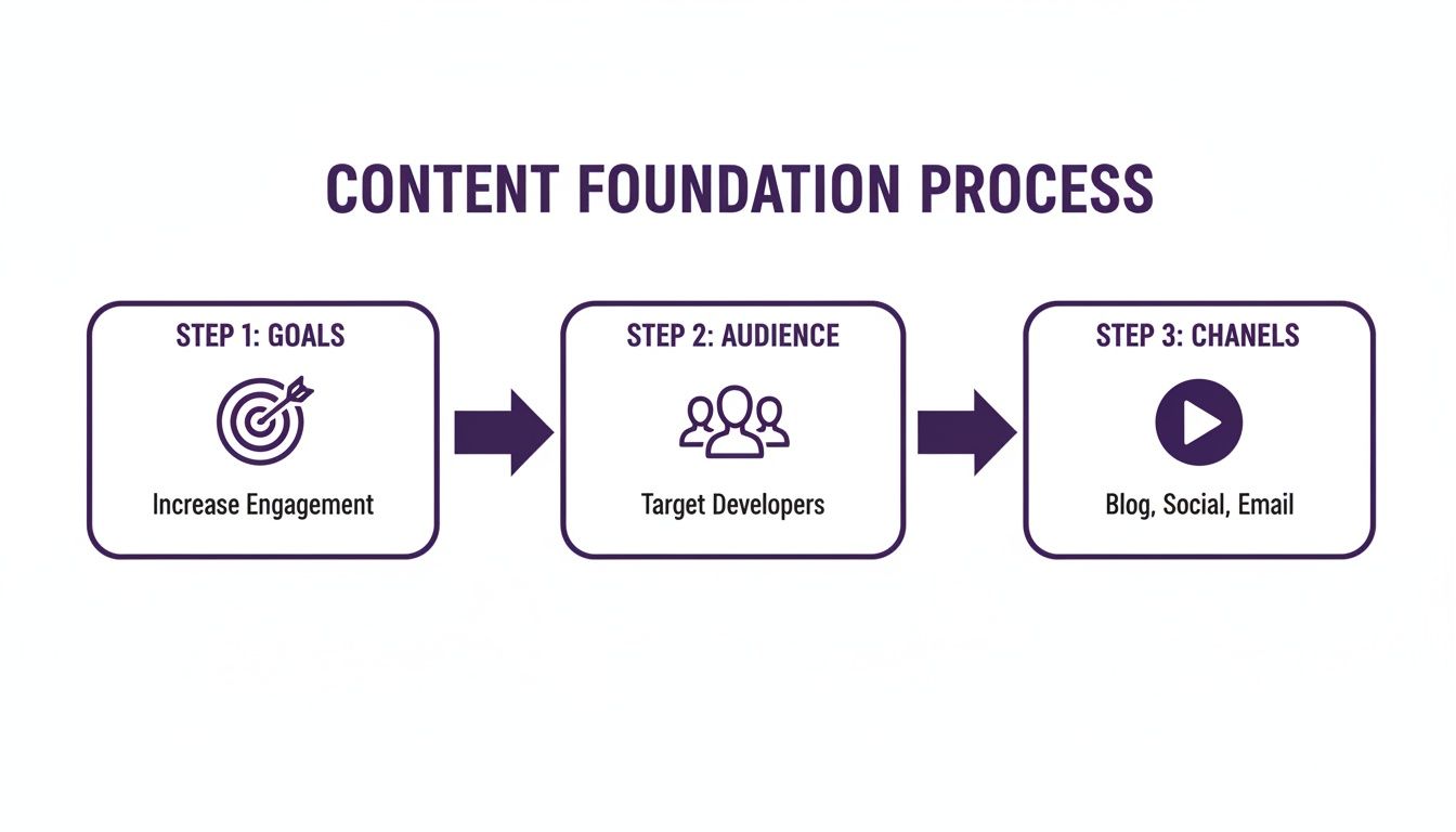 Diagram showing the content foundation process: goals, audience, and channels for content strategy.