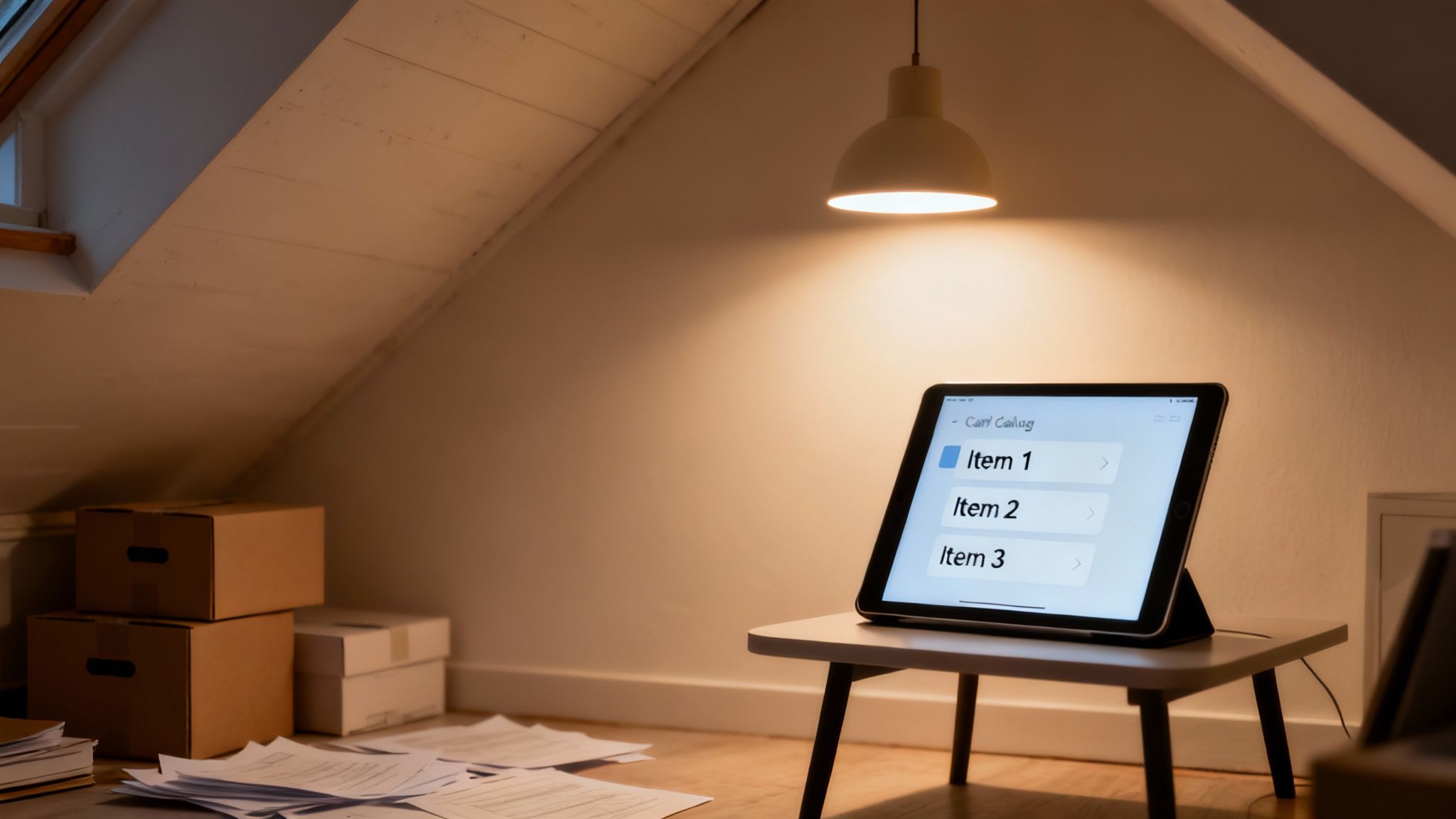 Digital catalog on a tablet screen in an attic with stacks of documents and boxes.