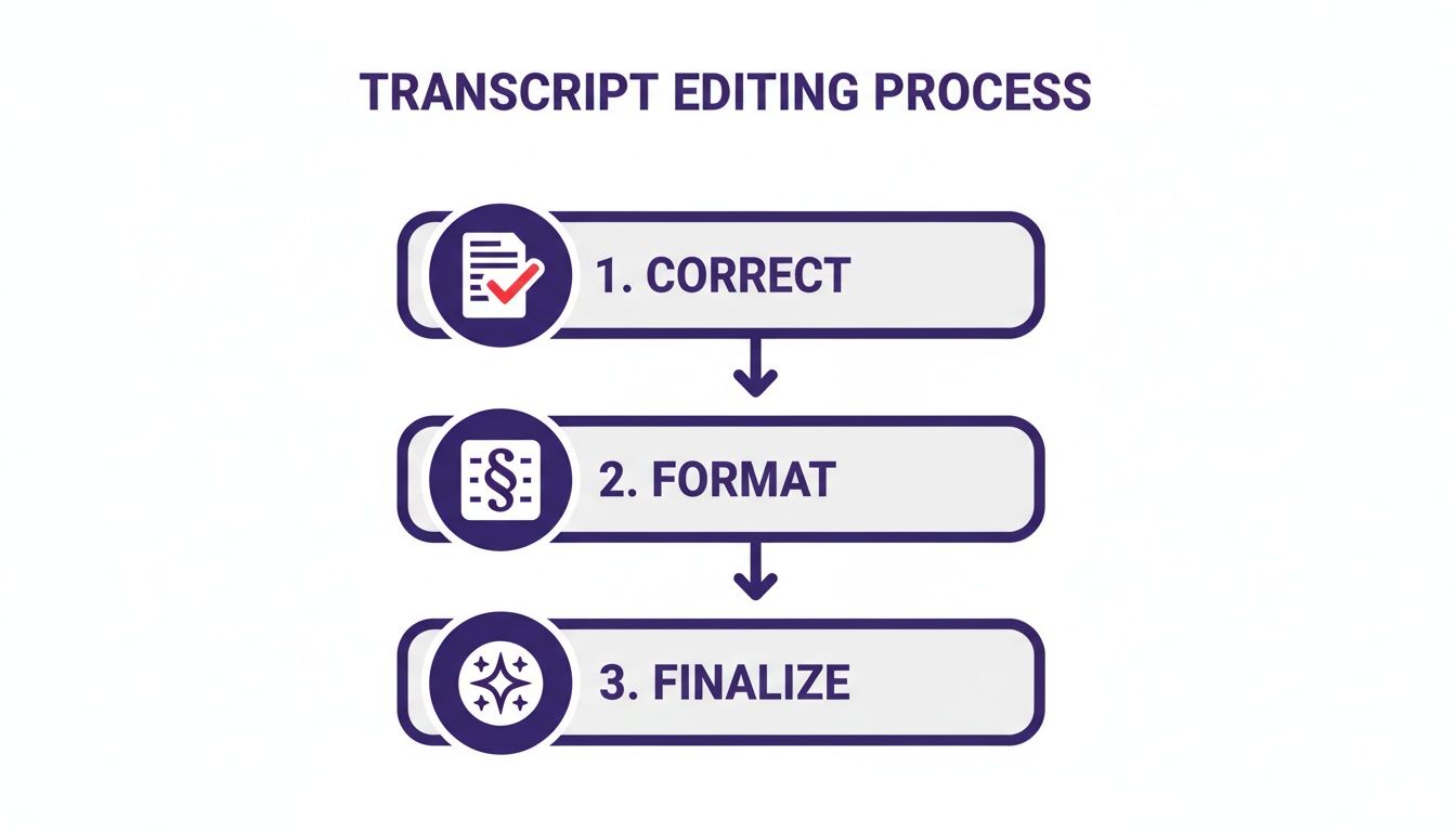 Flowchart illustrating the three-step transcript editing process: correct, format, and finalize.