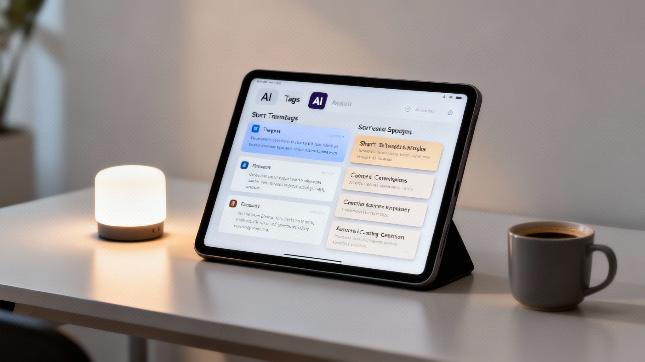An iPad displaying a knowledge management system interface on a modern desk with a lamp and coffee.