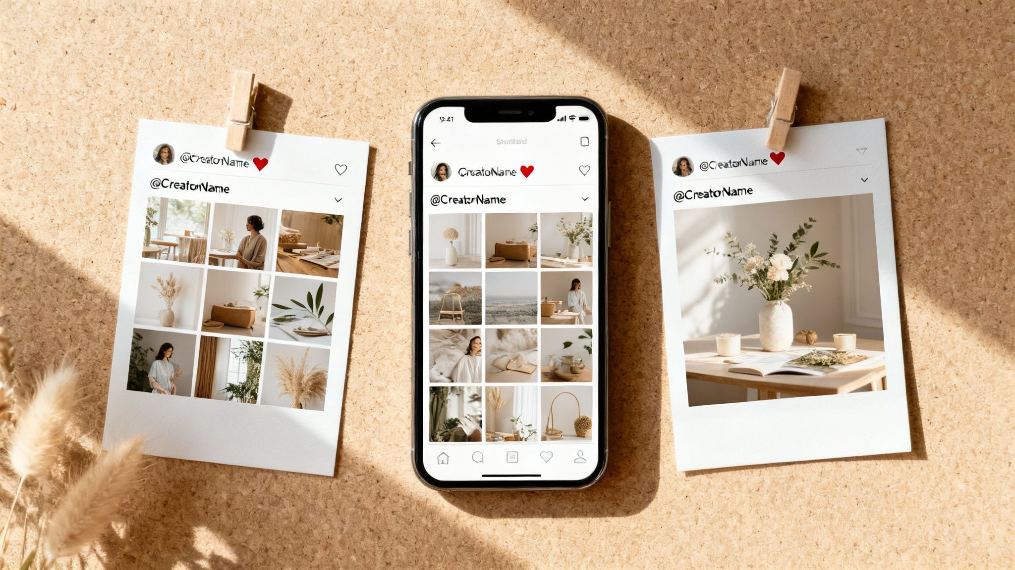 A smartphone and two printed photos showing social media content, pinned to a cork board.