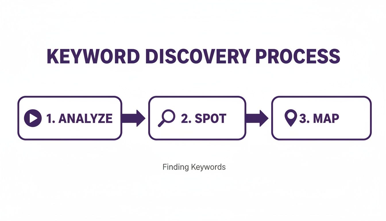 A diagram illustrating the three-step keyword discovery process: analyze, spot, and map keywords.