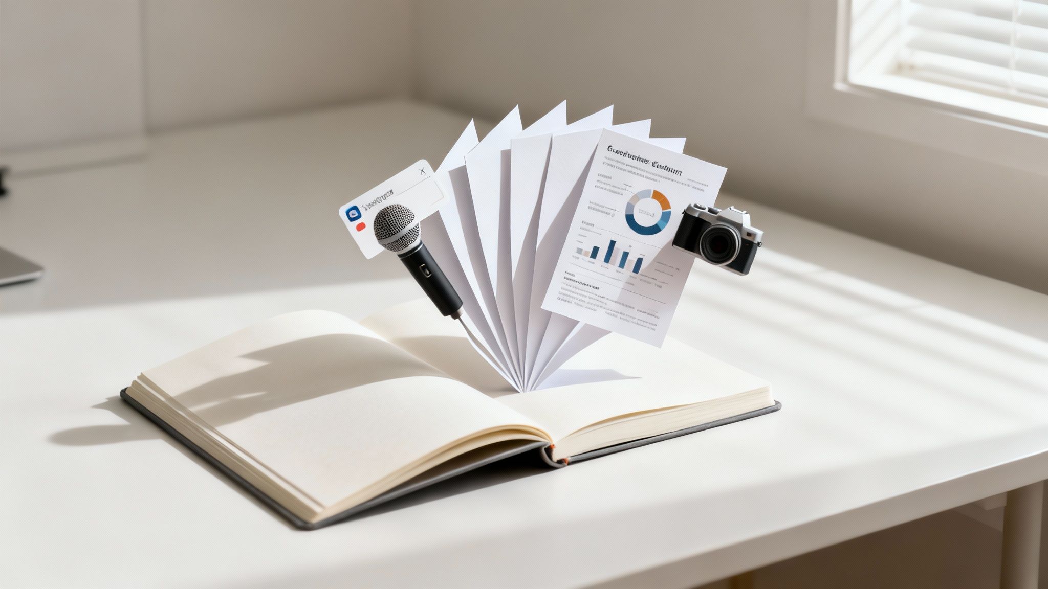Creative content development elements, including a microphone, camera, and charts, floating above an open notebook.