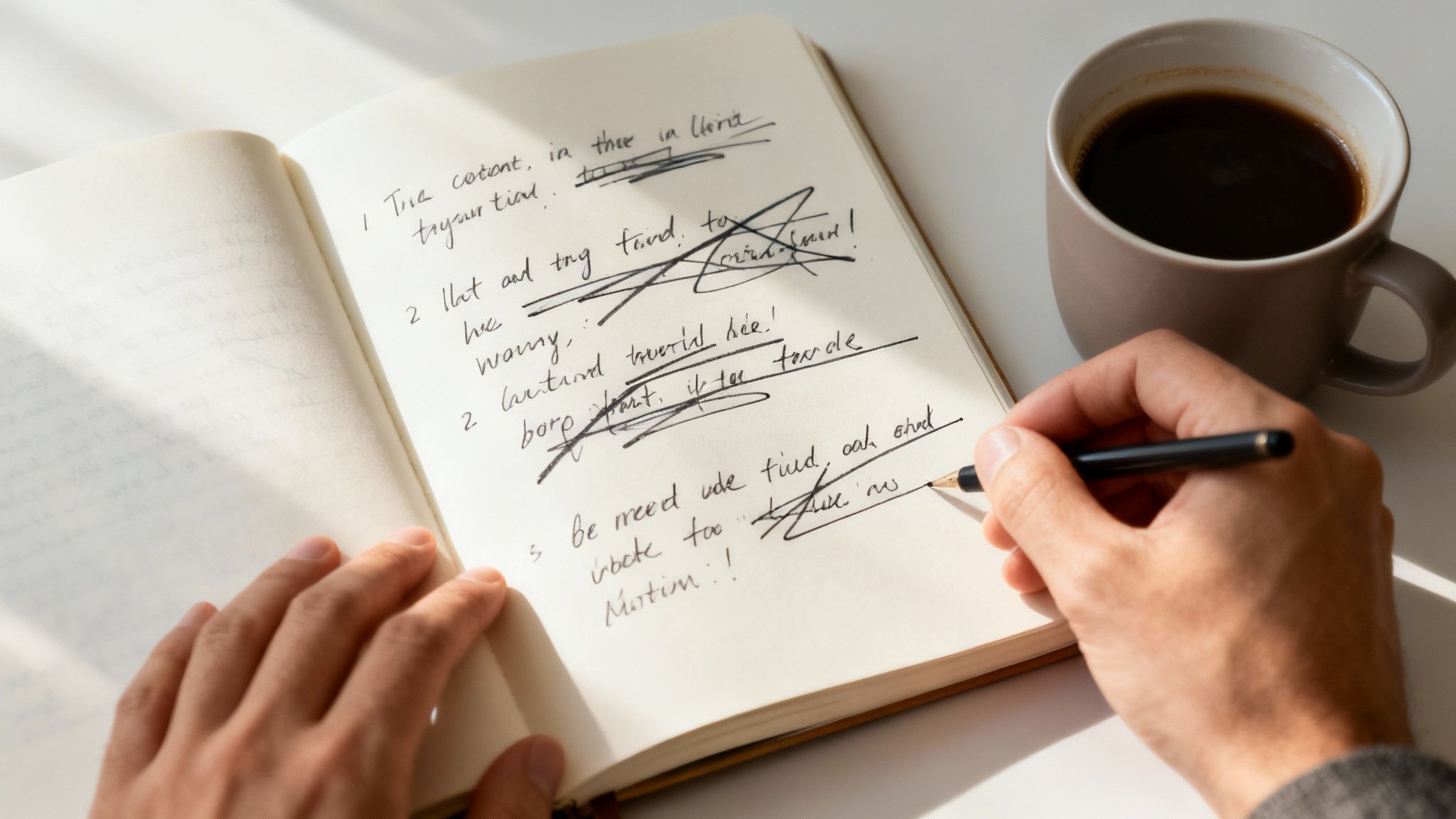 Close-up of a person's hands writing and editing notes in a notebook next to a coffee cup.