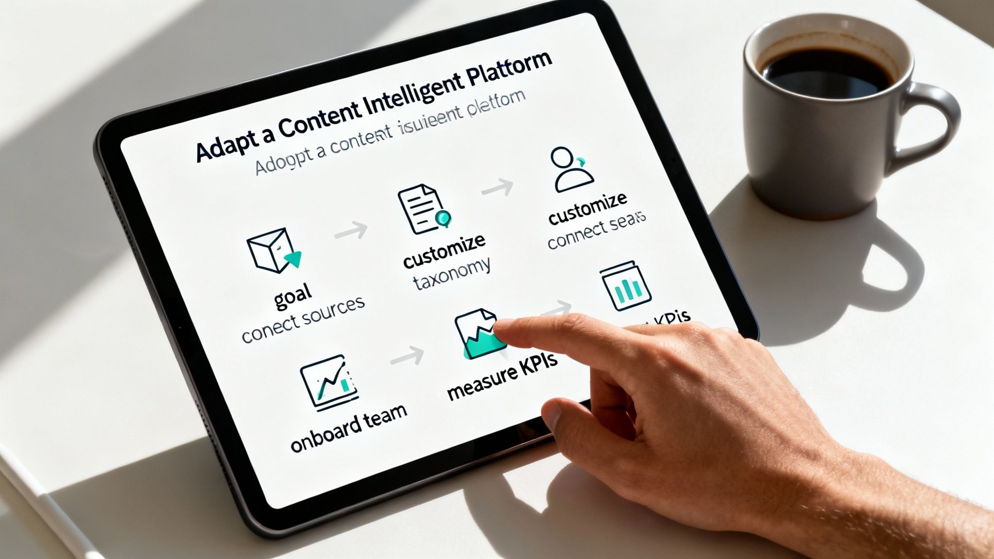 Hand pointing at content intelligence platform workflow diagram on tablet screen with coffee