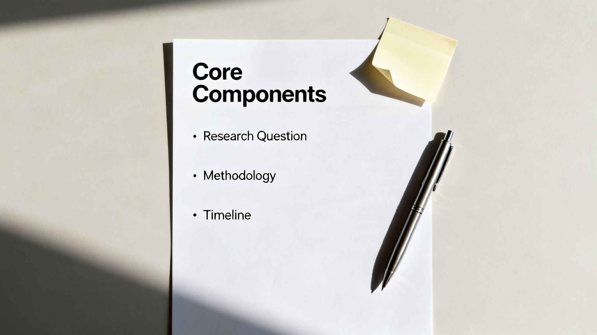 Close-up of a document titled 'Core Components' listing research question, methodology, and timeline.