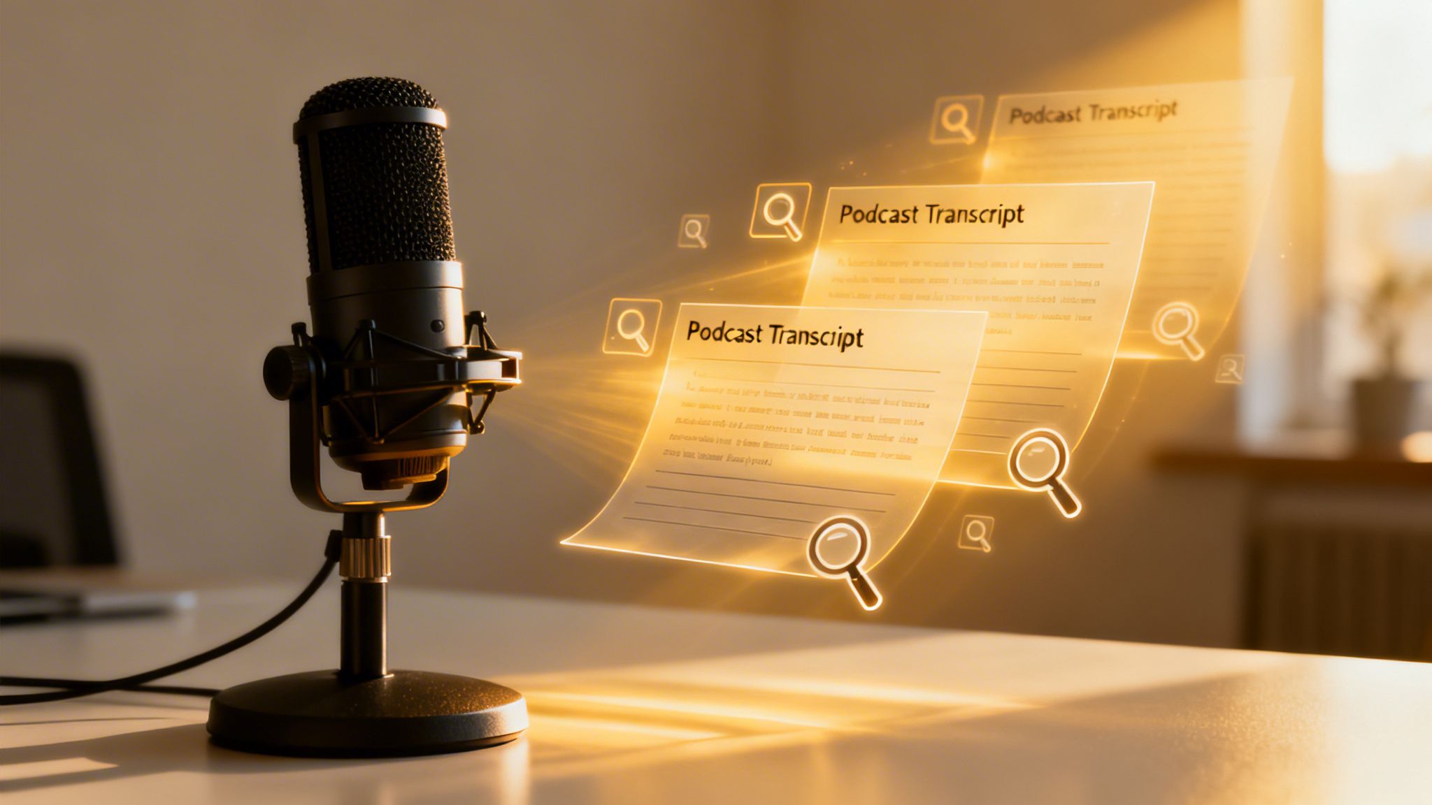 Professional microphone on a desk with floating digital screens showing podcast transcripts and search features.