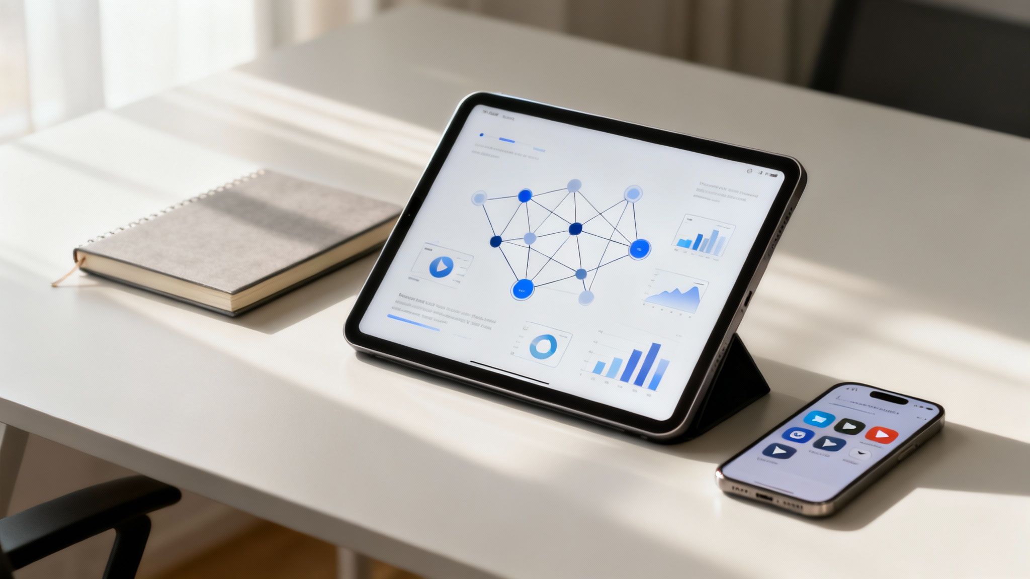 A brightly lit desk featuring a tablet displaying charts, a smartphone, and a notebook.