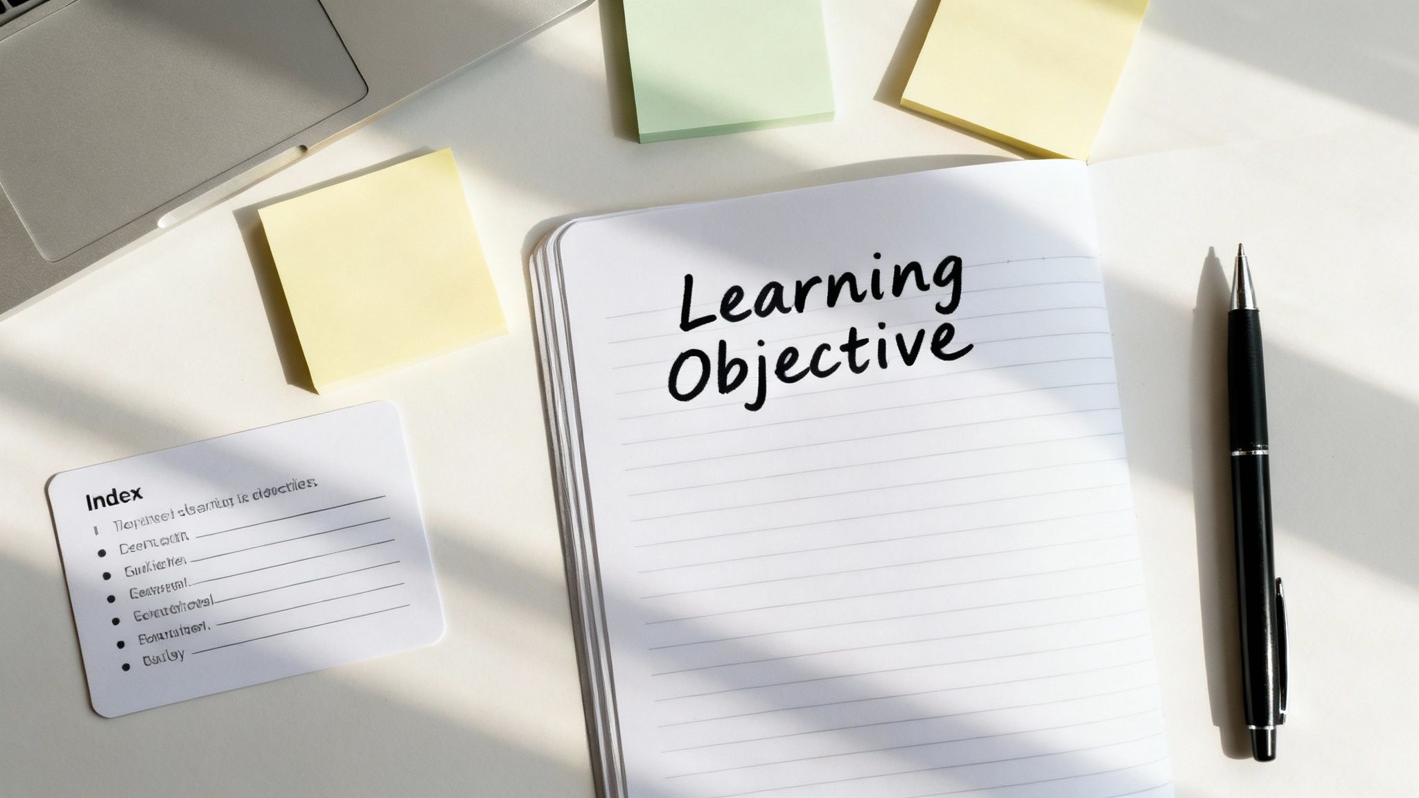 A flat lay of a study desk with a notebook, pen, sticky notes, a laptop, and an index card, focusing on 'Learning Objective'.