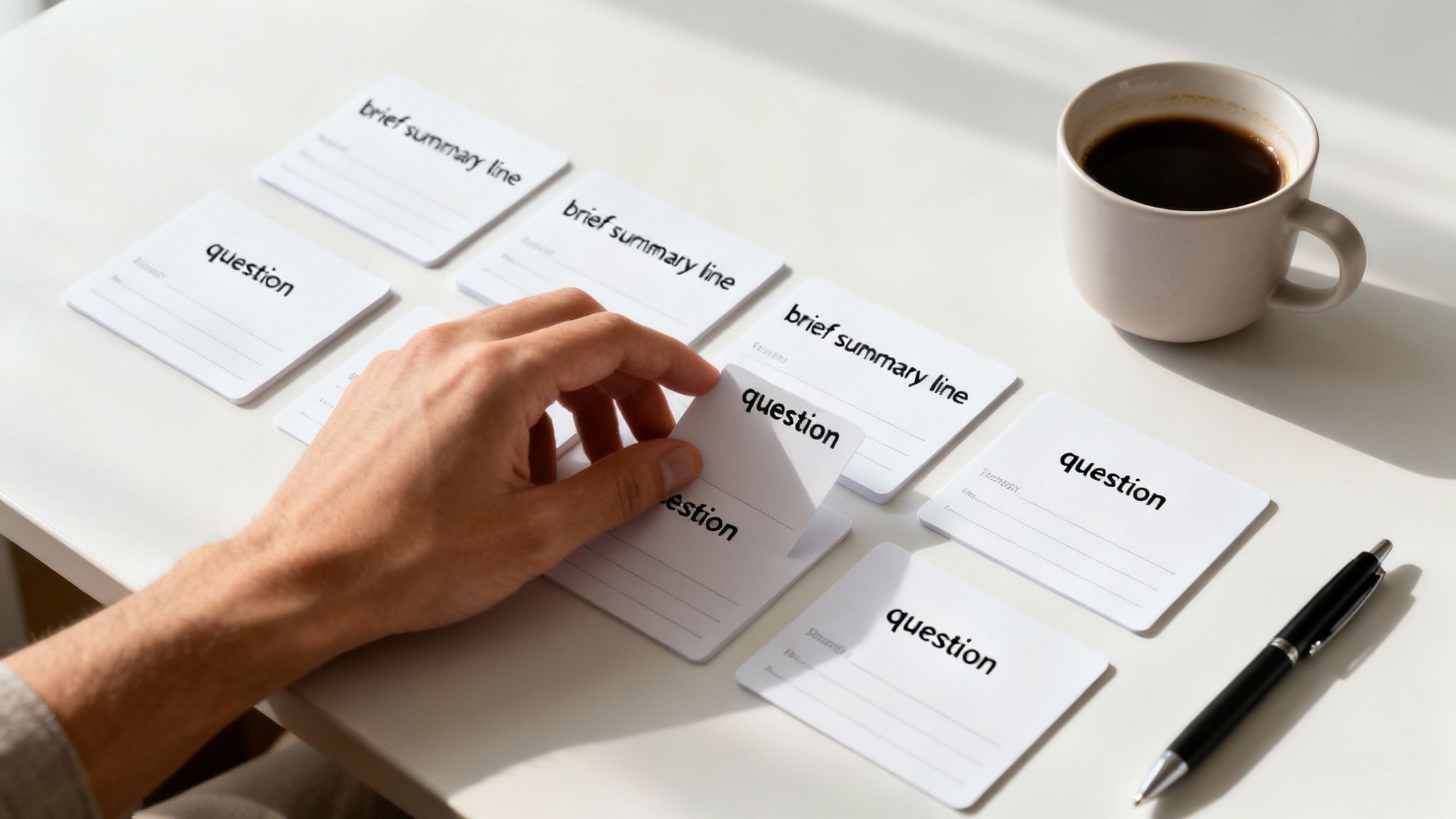 Person's hand sorting white study cards with 'question' and 'brief summary line' text, next to coffee and a pen.