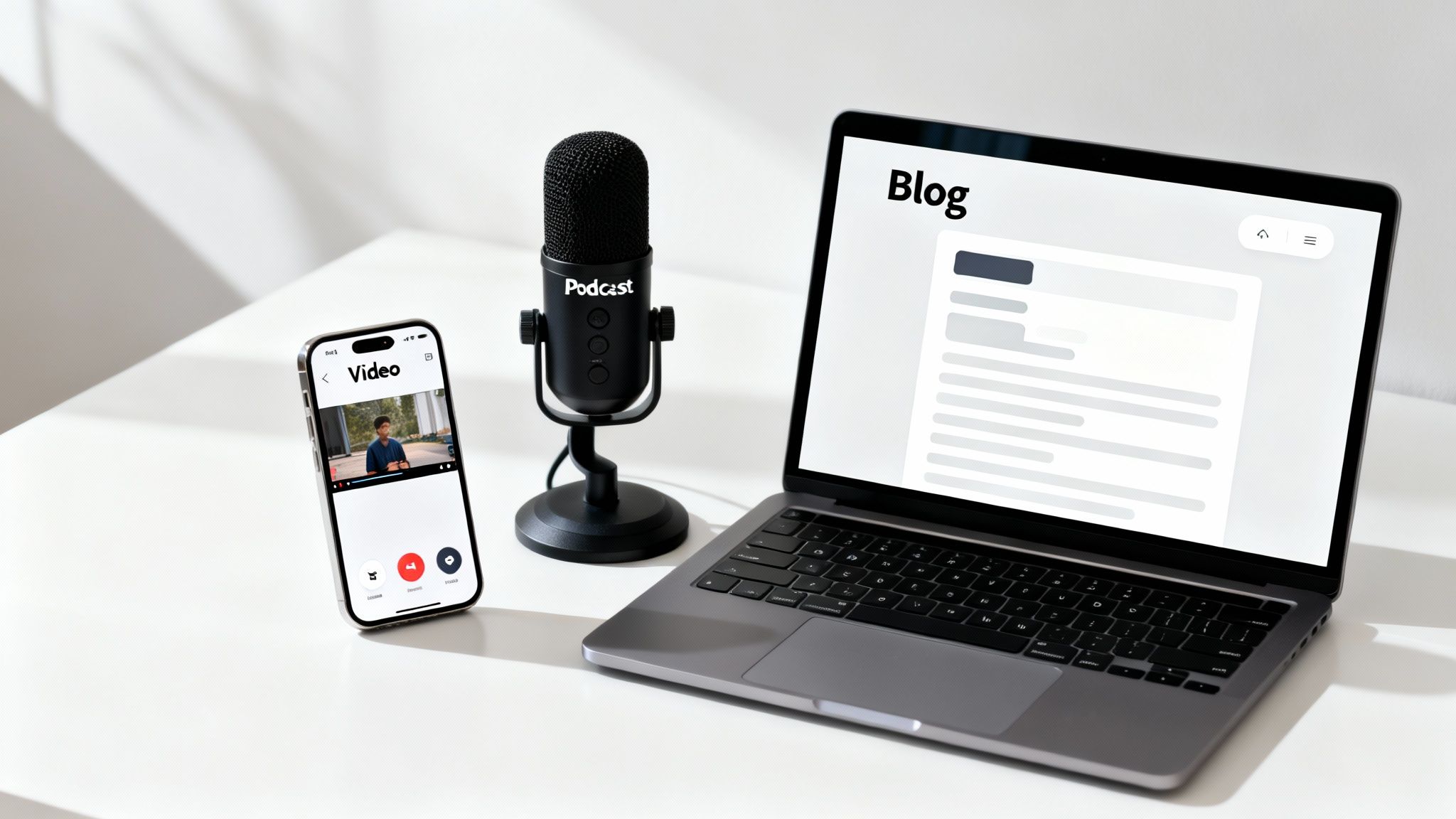 Digital workspace with a laptop showing a blog, a smartphone with a video call, and a podcast microphone.