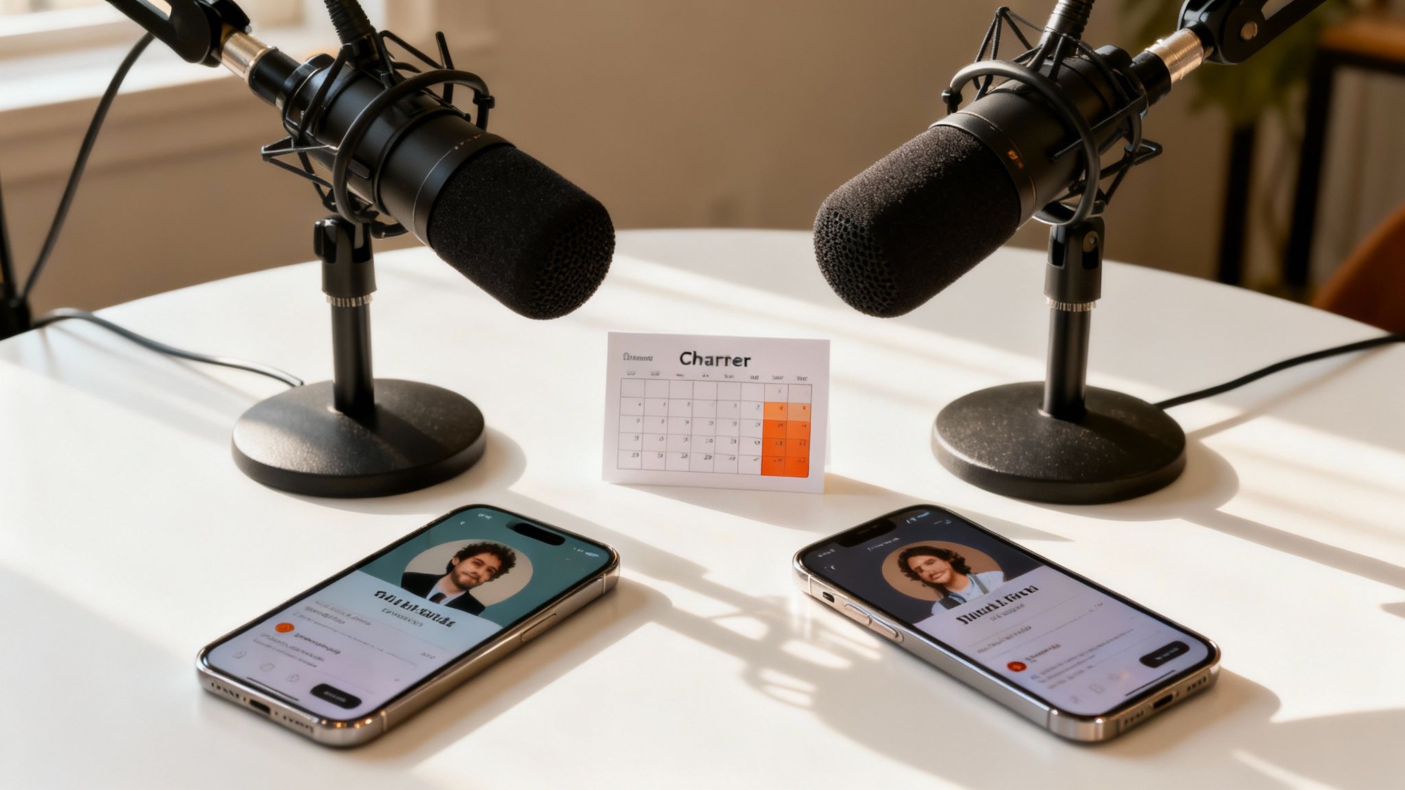 Two podcast microphones, a calendar, and two smartphones on a white table, ready for a podcast recording.