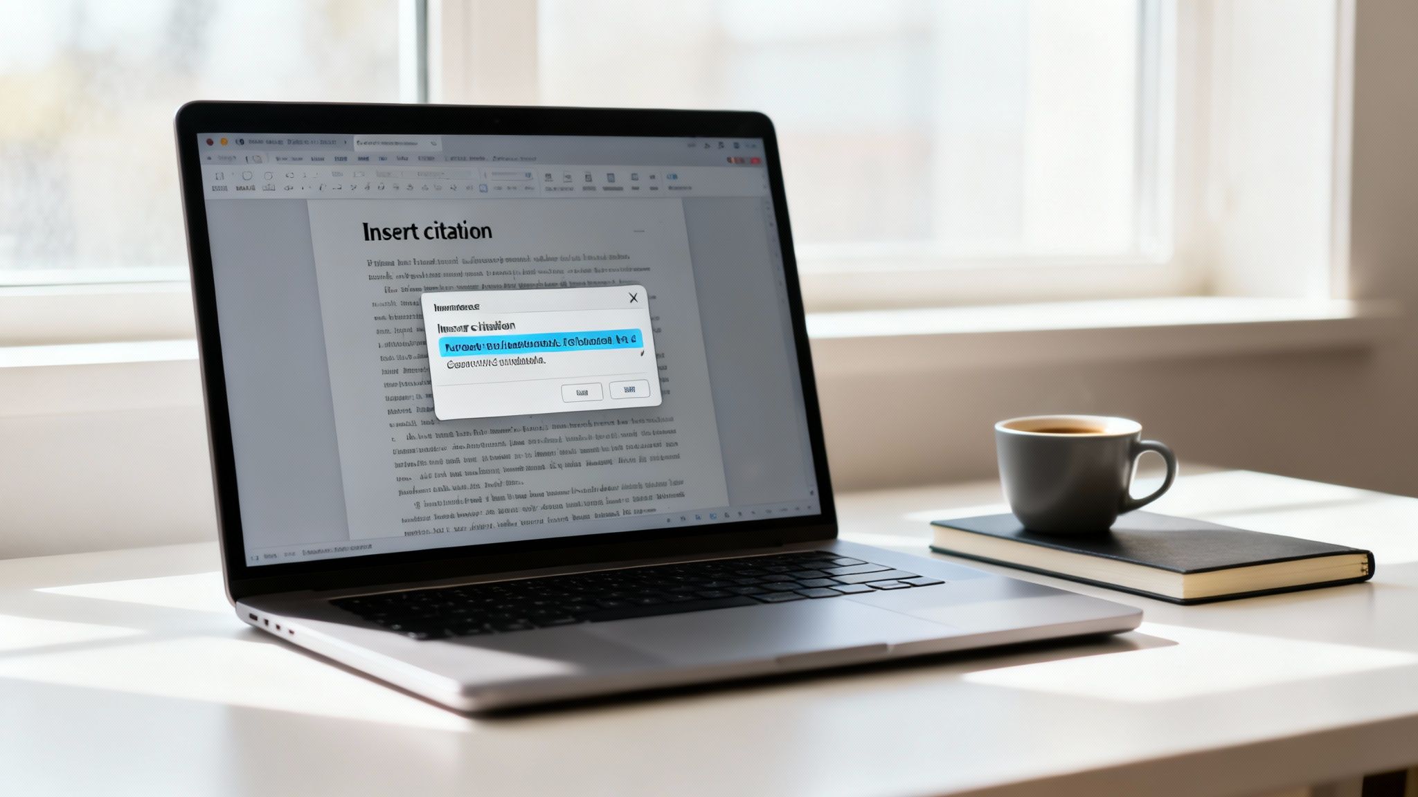 A laptop on a desk displays an 'Insert citation' menu, with a coffee mug and notebook nearby.
