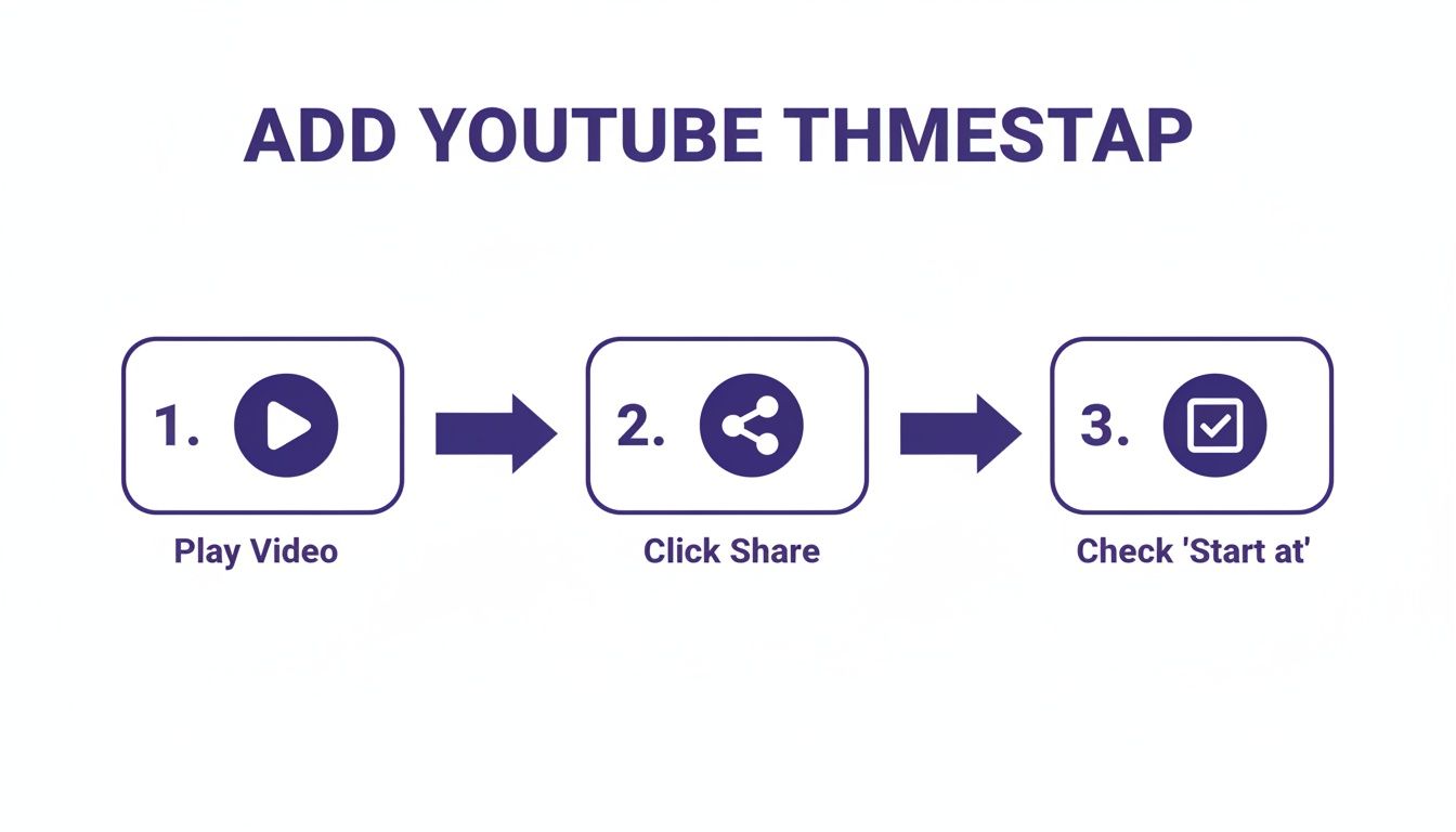 Three-step visual guide showing how to add a timestamp to a YouTube video link.