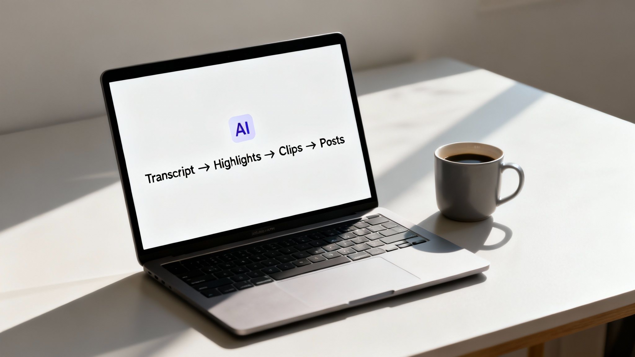 A laptop on a white desk displays an AI content repurposing workflow, with a coffee mug.