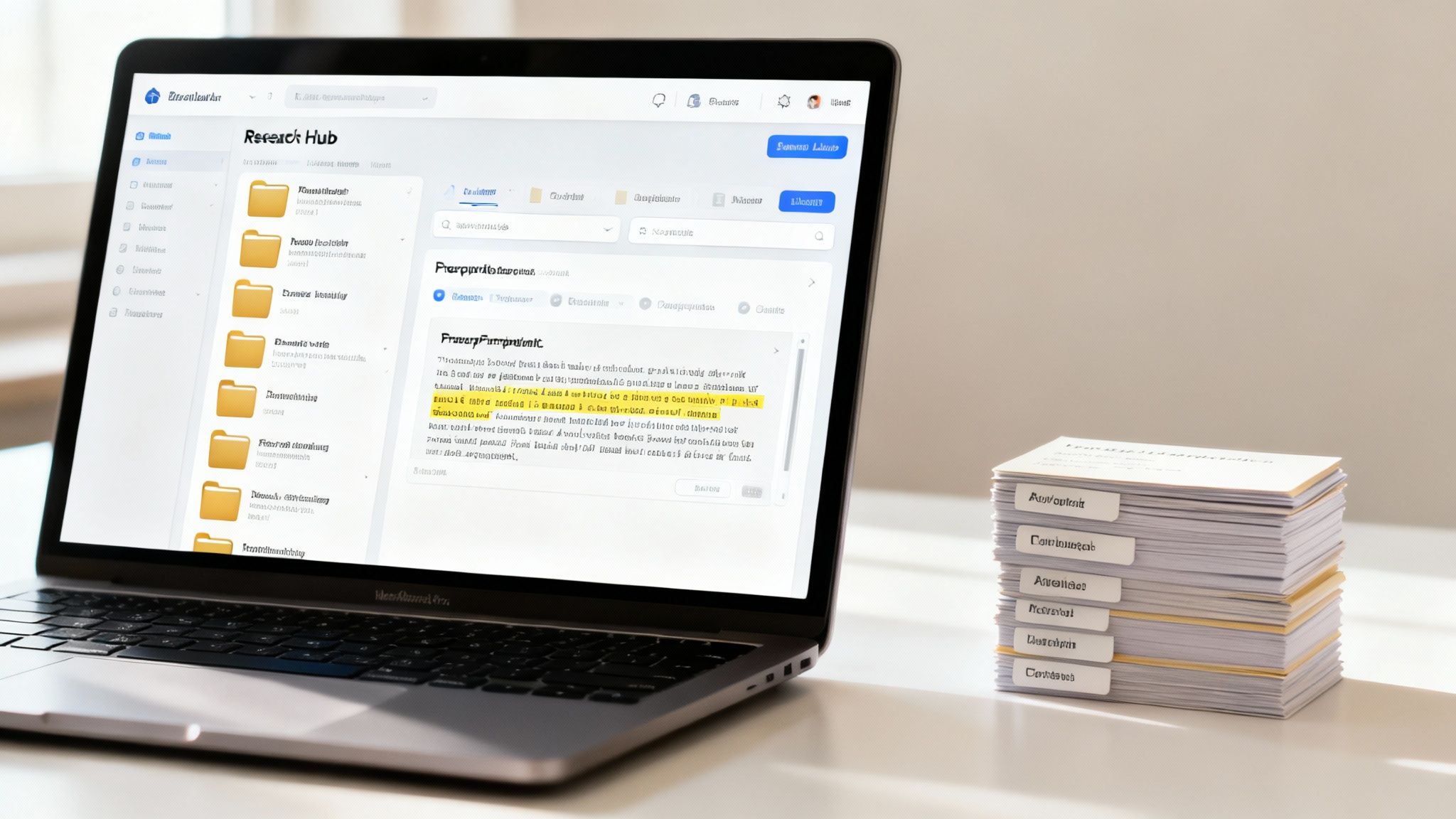 Laptop displaying a digital research hub with folders alongside a stack of labeled physical documents.