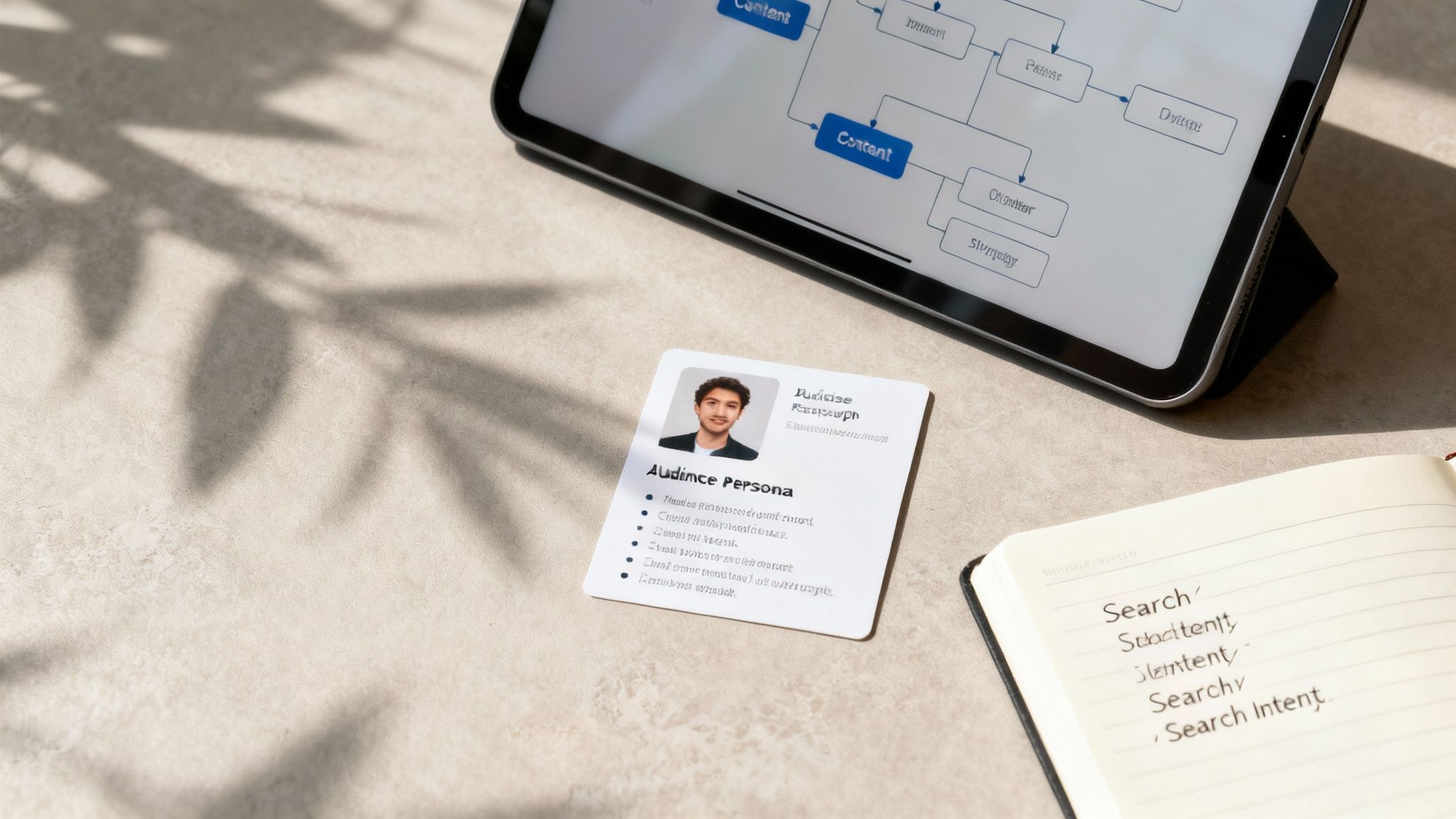 Tablet displaying content strategy flowchart with audience persona card and search intent notes on desk