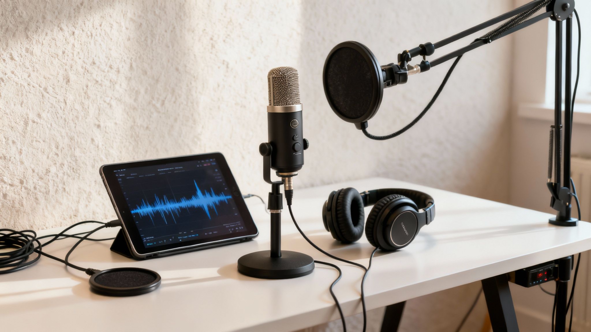 A modern podcasting setup featuring a black microphone, headphones, and tablet on a white desk.