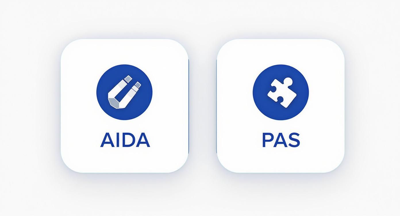 Two white cards showing AIDA (magnet icon) and PAS (puzzle icon) copywriting frameworks.