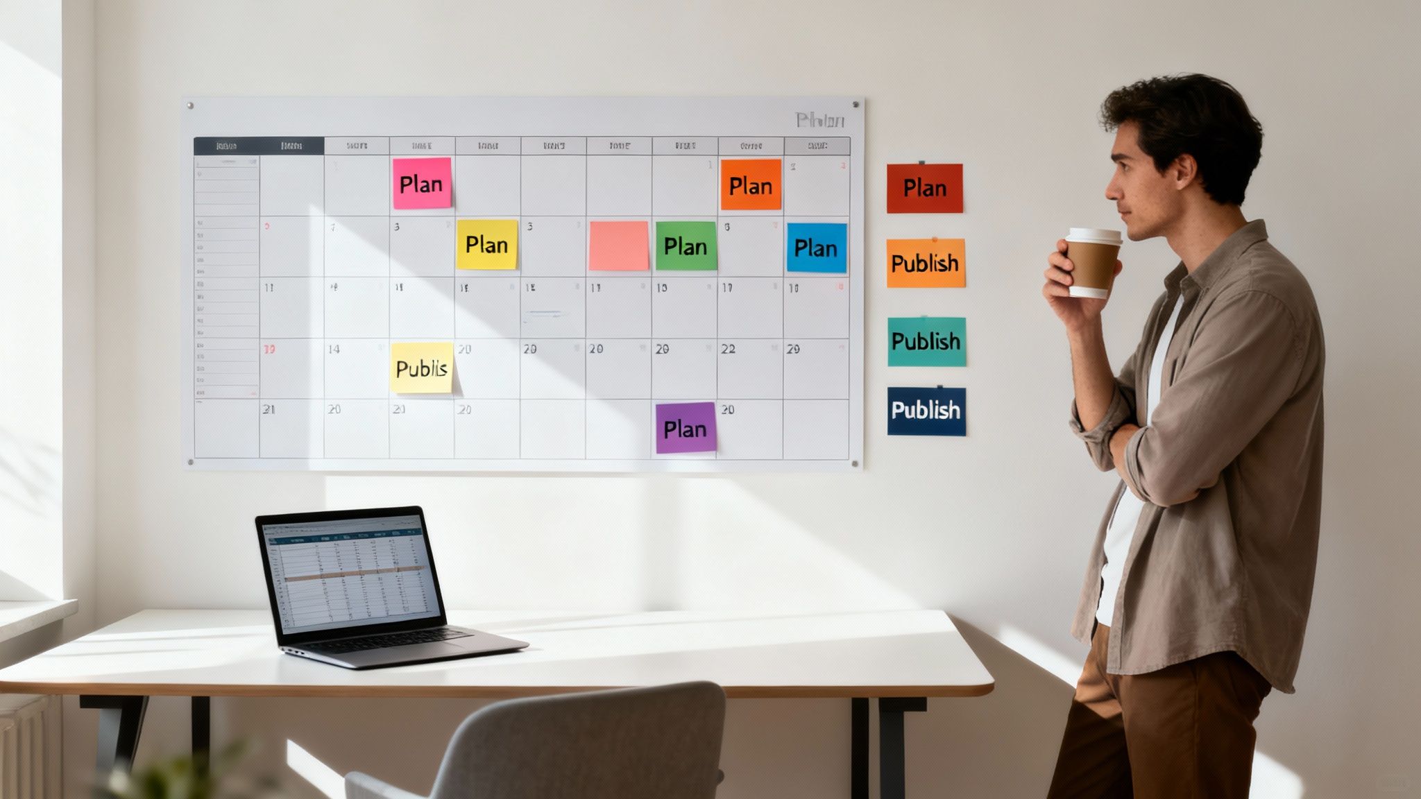 A man reviews a content calendar with colorful 'Plan' and 'Publish' sticky notes, near a laptop.