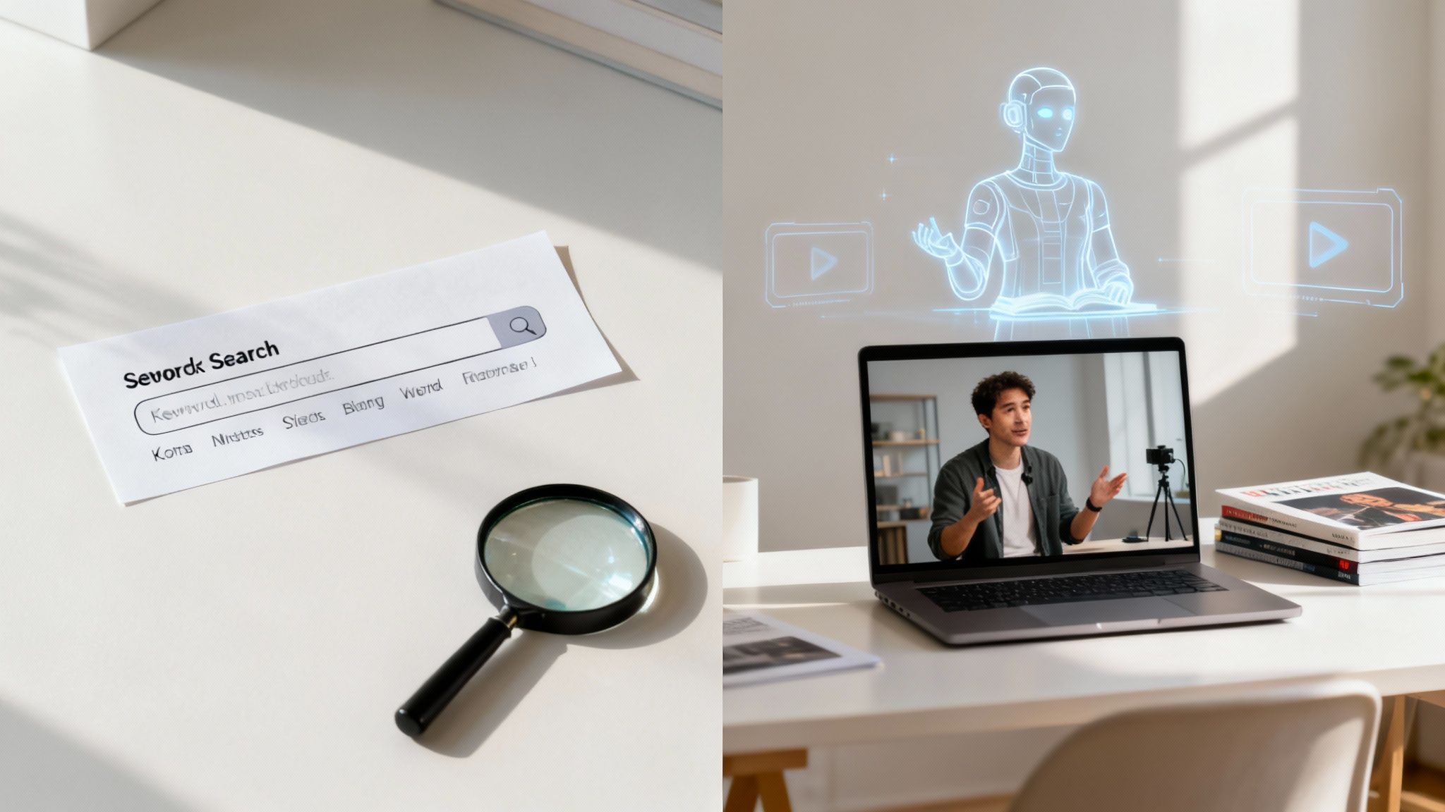 Keyword search form with a magnifying glass contrasted with a laptop displaying a speaker and holographic AI.