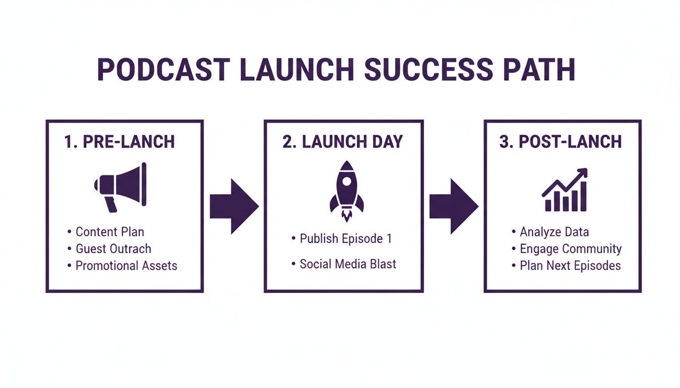 A step-by-step flowchart illustrating the podcast launch success path with pre-launch, launch day, and post-launch stages.