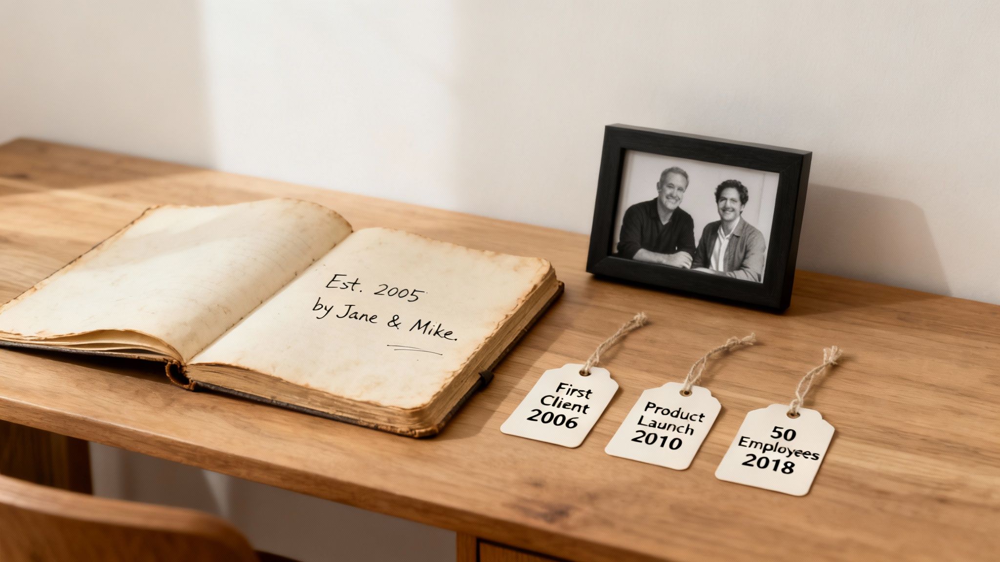 Company timeline on a desk with an open book, founder photo, and milestone tags.