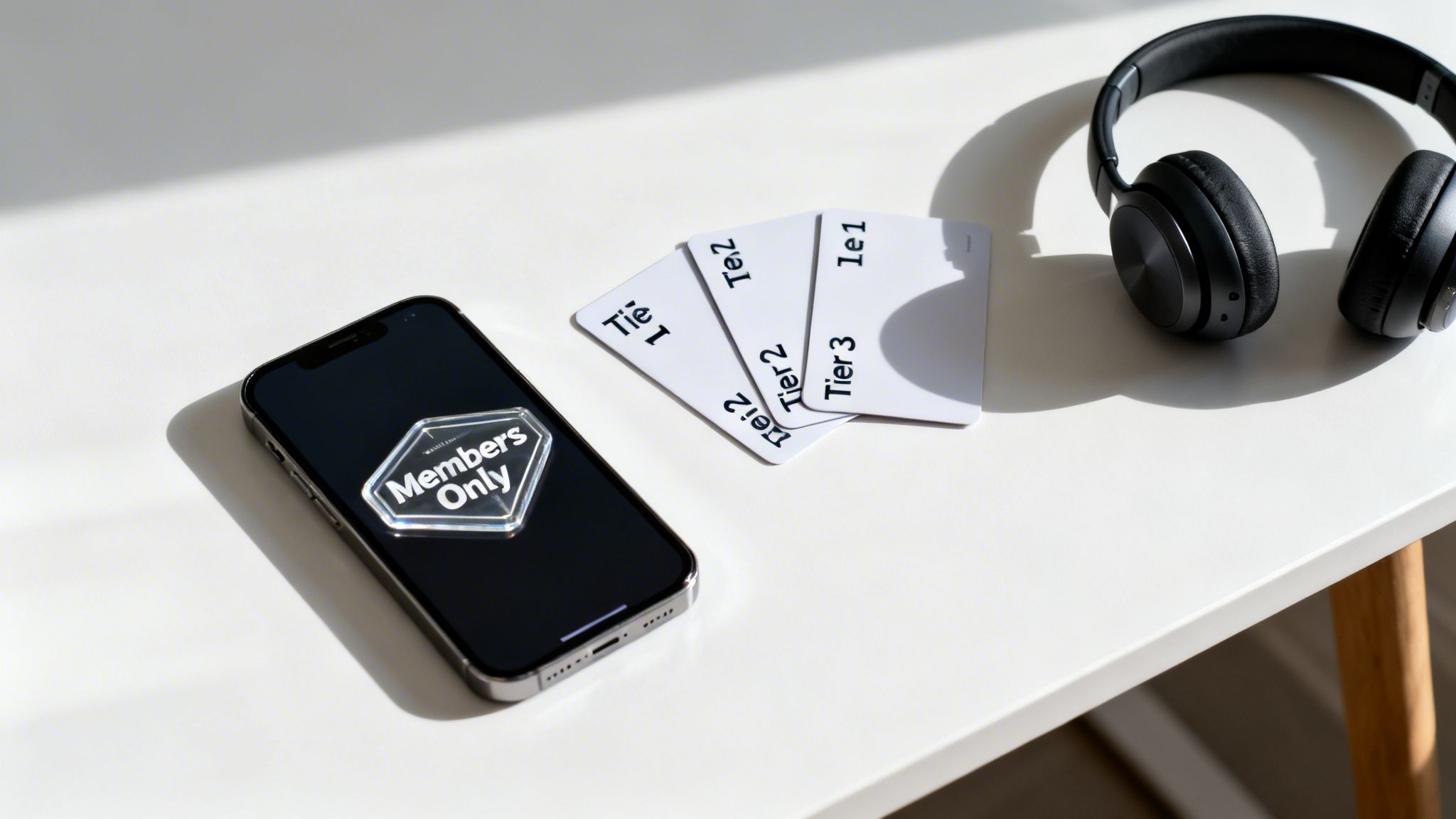 A smartphone displaying 'Members Only', tier cards, and black headphones on a white table.
