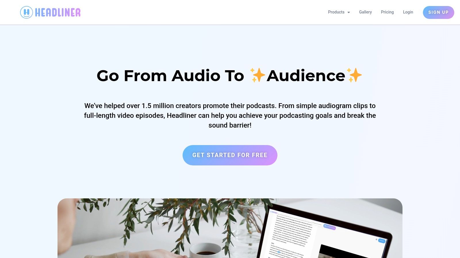 Headliner platform showcasing its audiogram creation interface for podcasters.