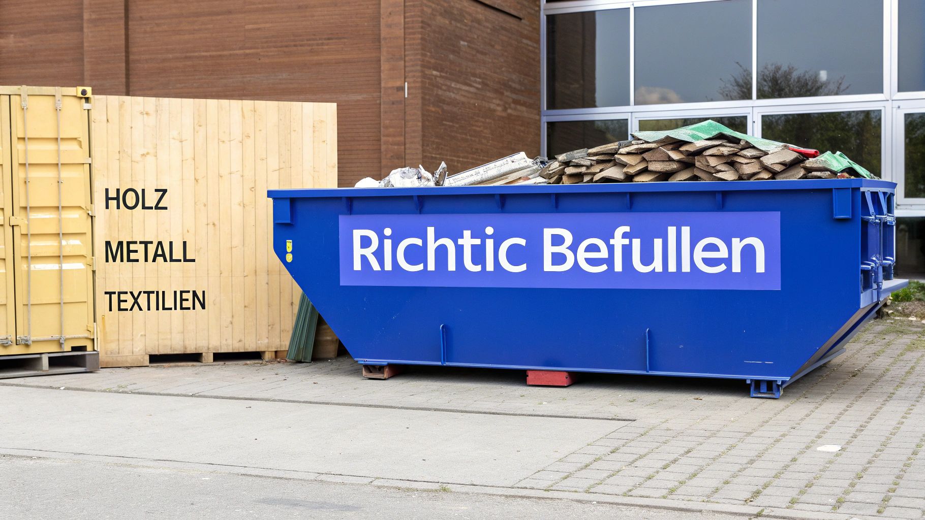 Blauer Abfallcontainer für Mischmüll gefüllt mit Holz neben gelben Recyclingboxen für Holz, Metall und Textilien