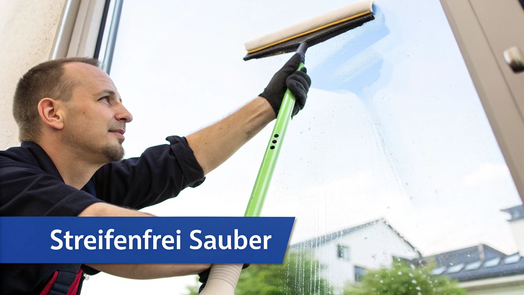 Ein professioneller Fensterreiniger verwendet spezielle Werkzeuge, um ein grosses Fenster streifenfrei zu reinigen.