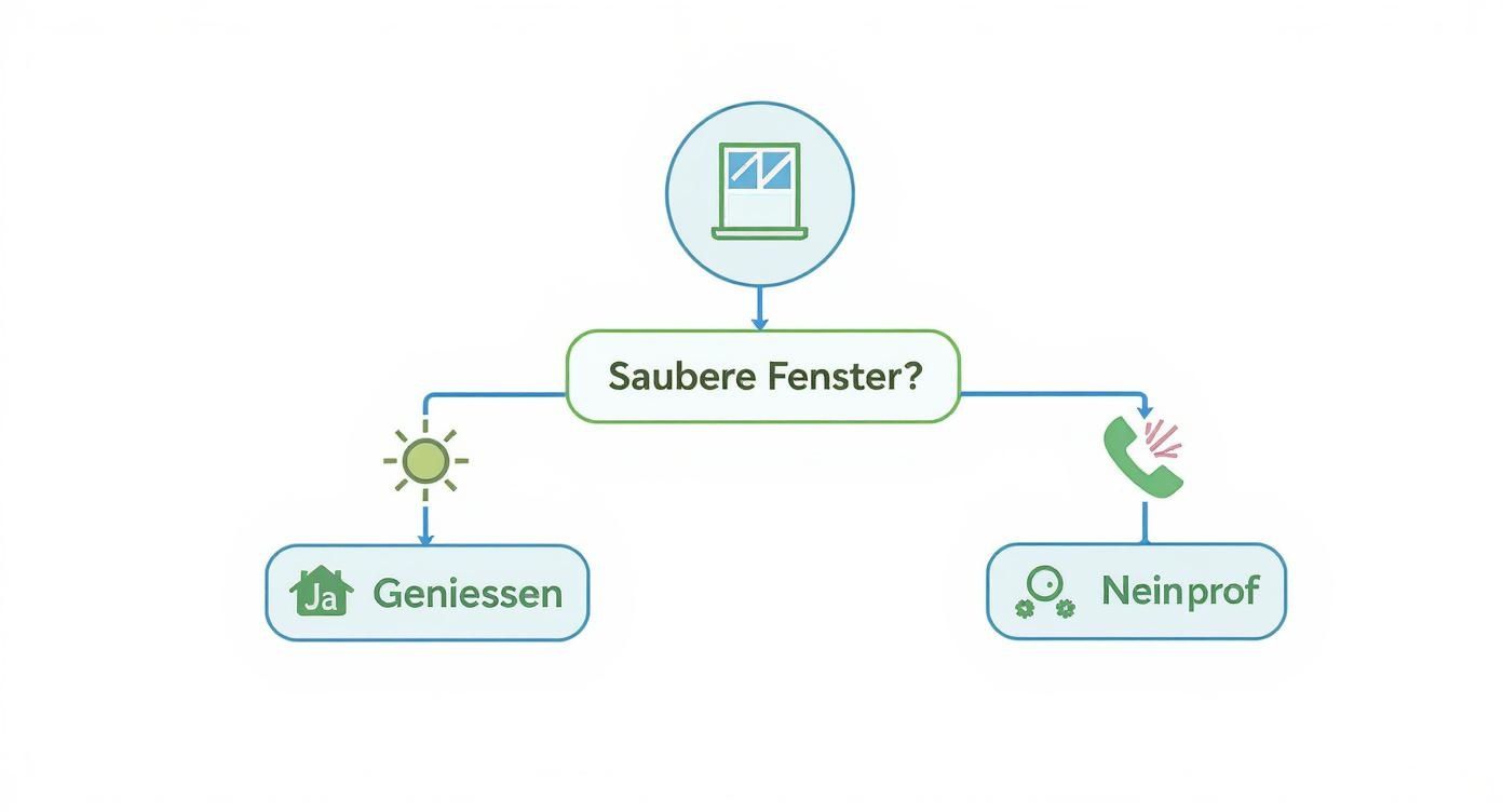 Flussdiagramm zur Fensterreinigung: Saubere Fenster genießen oder einen Profi anrufen.
