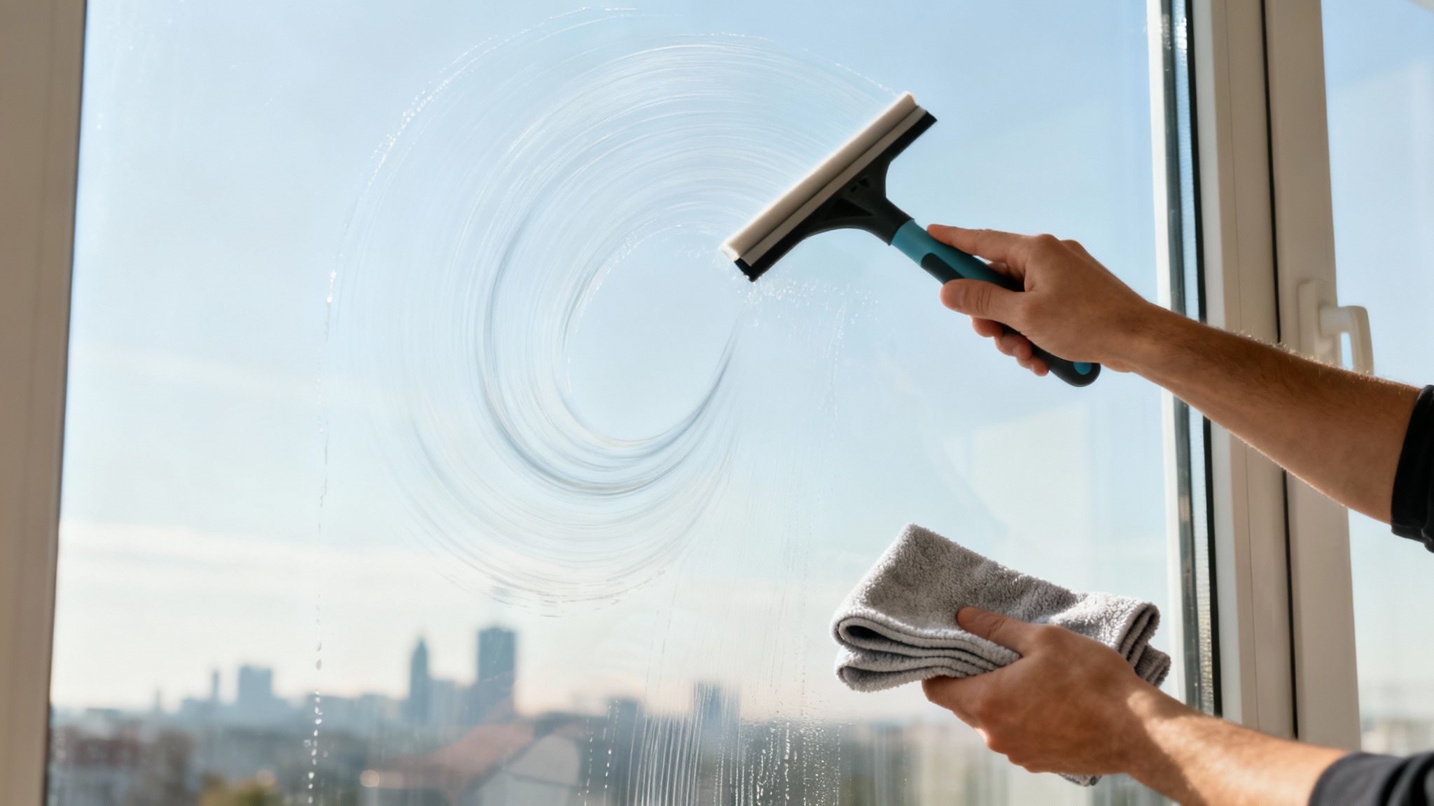 Hände reinigen ein Fenster mit einem Abzieher und einem Tuch, im Hintergrund verschwommene Stadt.