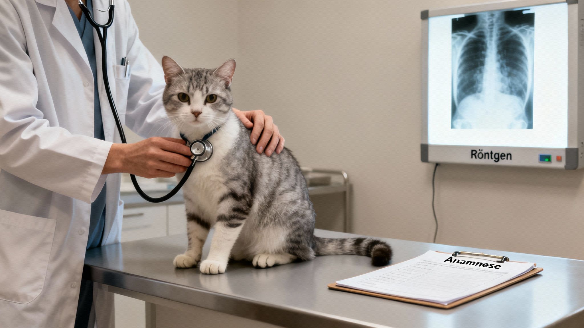 Tierarzt untersucht Katze mit Stethoskop in einer Tierklinik, Röntgenbild im Hintergrund sichtbar.