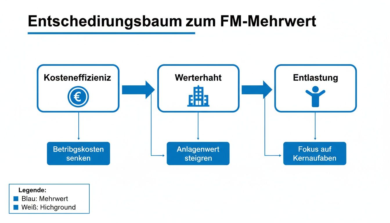 Ein Entscheidungsbaum zum FM-Mehrwert, der Kosteneffizienz, Werterhalt und Entlastung als Hauptpunkte darstellt.