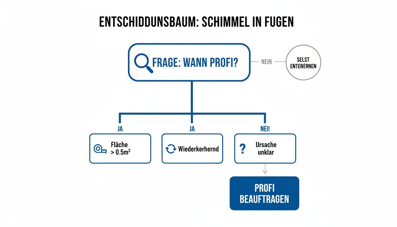 Entscheidungsbaum zum Entfernen von Schimmel in Fugen, der zeigt, wann ein Profi beauftragt werden sollte.