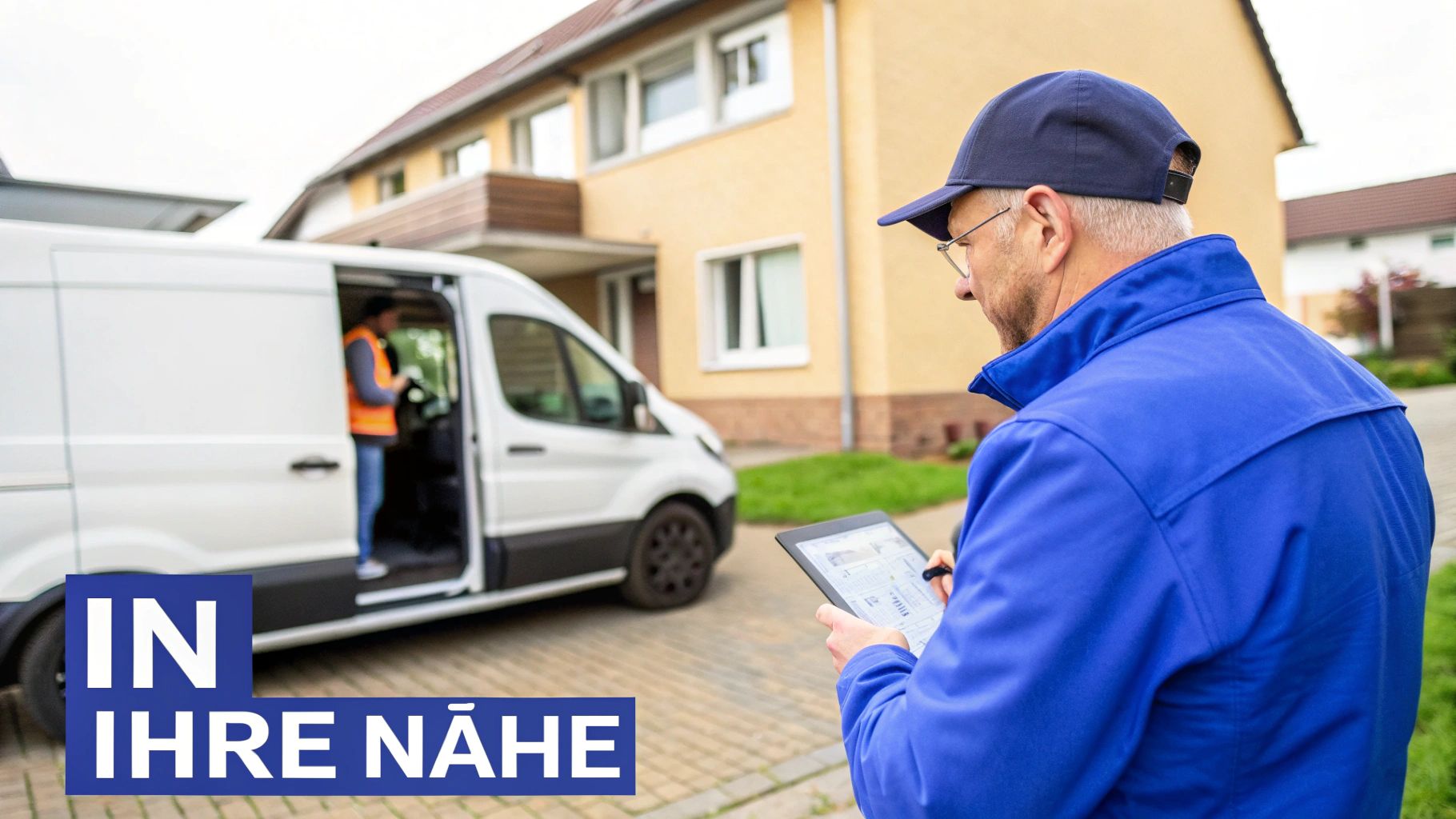 Zusteller mit Tablet und Lieferwagen vor einem Wohnhaus. Eine zweite Person ist im Transporter zu sehen.