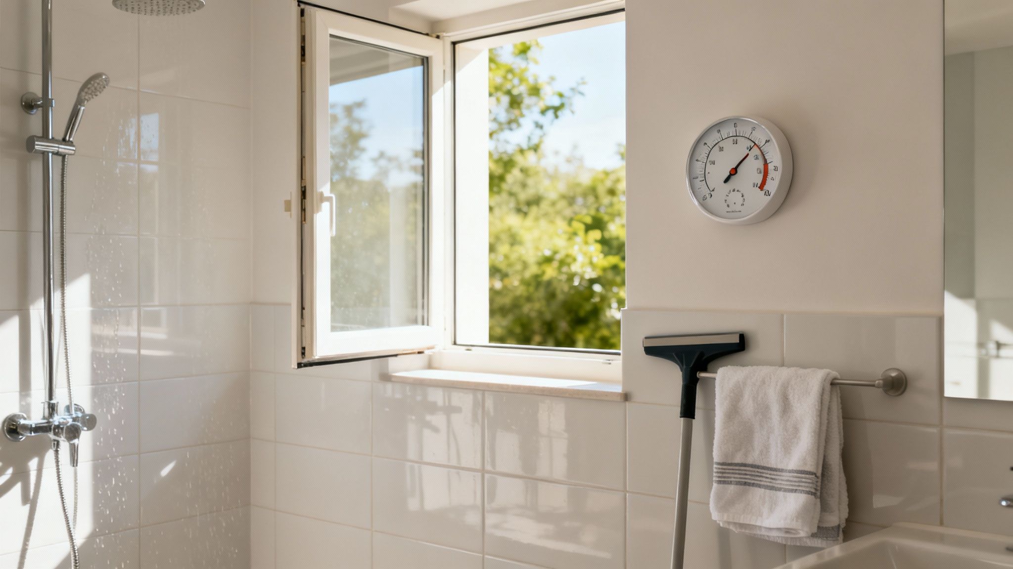 Helles Badezimmer mit Duschkabine, offenem Fenster, grünem Ausblick und Hygrometer an der Wand.