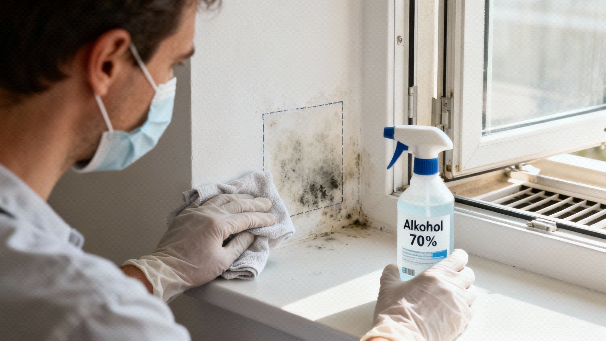 Mann mit Maske und Handschuhen reinigt Schimmel an einer Wand neben einem Fenster mit 70% Alkohol.