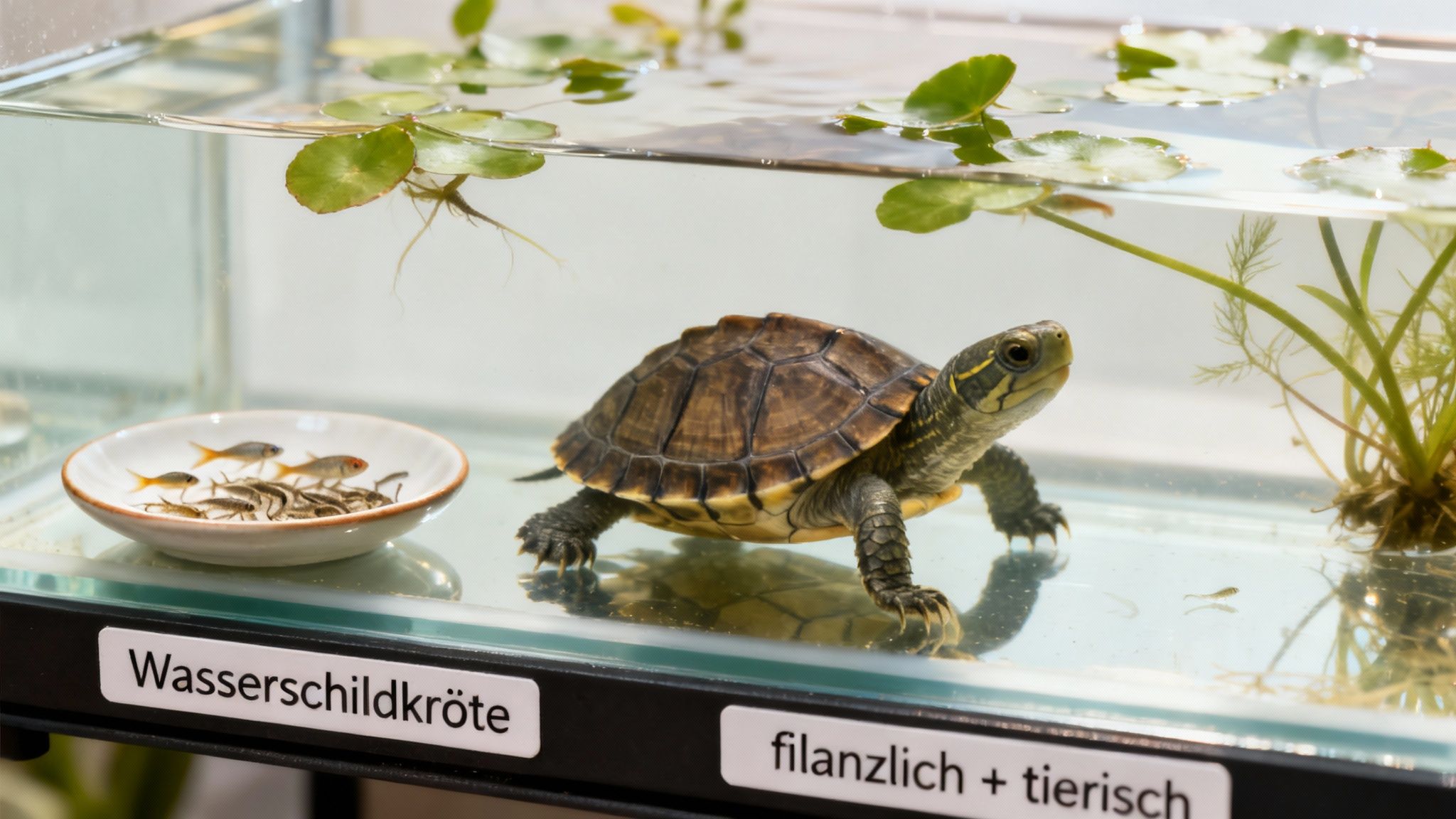 Eine Wasserschildkröte in einem Aquarium mit kleinen Fischen, Wasserpflanzen und Beschriftungen am Beckenrand.