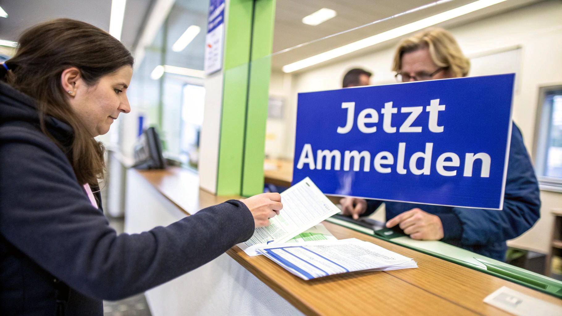 Eine Frau an einem Anmeldeschalter füllt Dokumente aus, mit einem blauen Schild "Jetzt Anmelden".