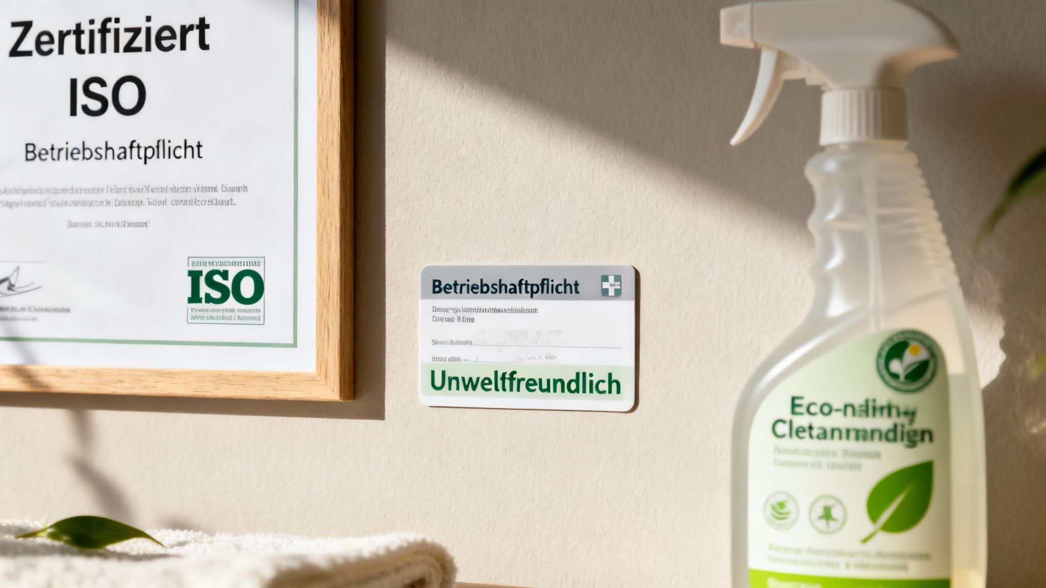 Gerahmtes ISO-Zertifikat und umweltfreundliches Reinigungsprodukt symbolisieren Nachhaltigkeit und Qualität.