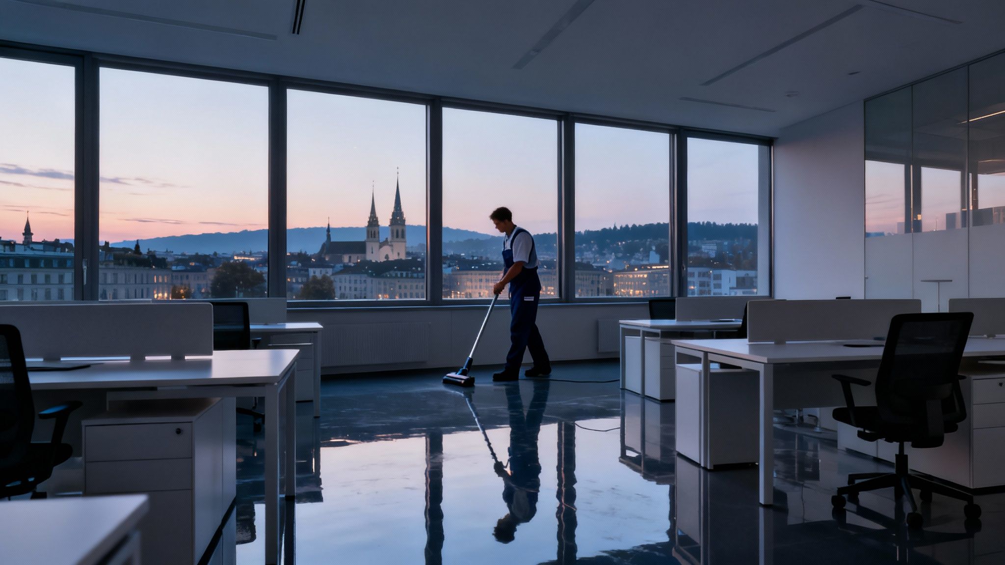 Reinigungskraft putzt modernes Büro am Abend, mit Blick auf die beleuchtete Stadt Zürich.