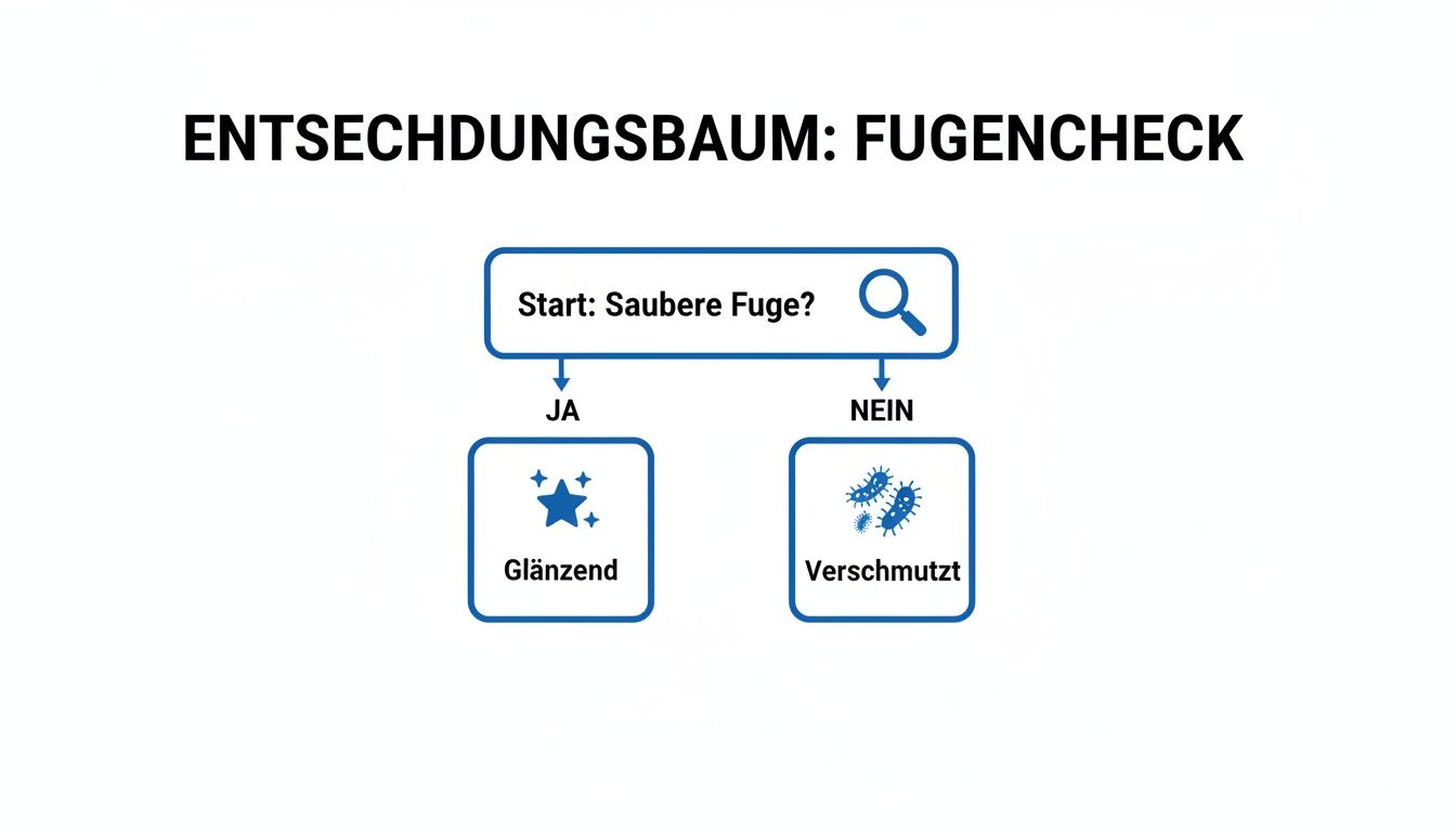 Entscheidungsbaum für den Fugen-Check. Fragt, ob die Fuge sauber ist und zeigt 'glänzend' oder 'verschmutzt' als Ergebnis.